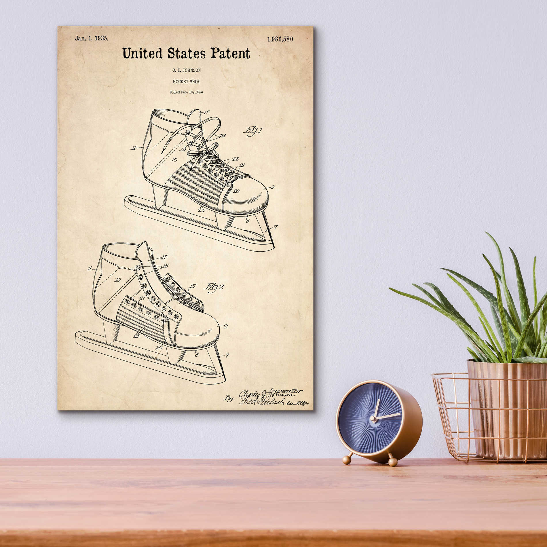 Epic Art 'Hockey Shoe, 1935 Blueprint Patent Parchment,' Acrylic Glass Wall Art,12x16