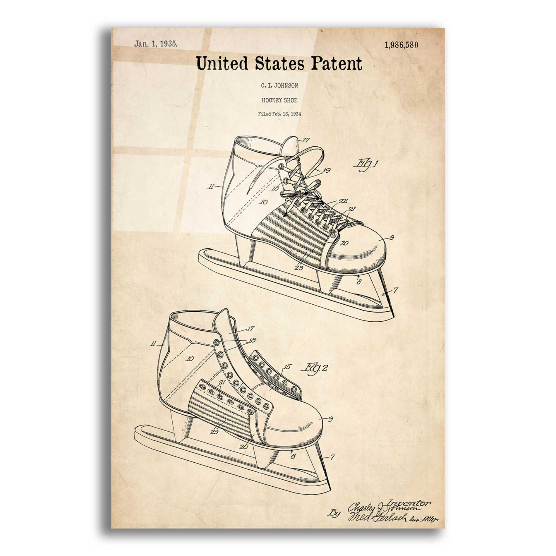 Epic Art 'Hockey Shoe, 1935 Blueprint Patent Parchment,' Acrylic Glass Wall Art,16x24