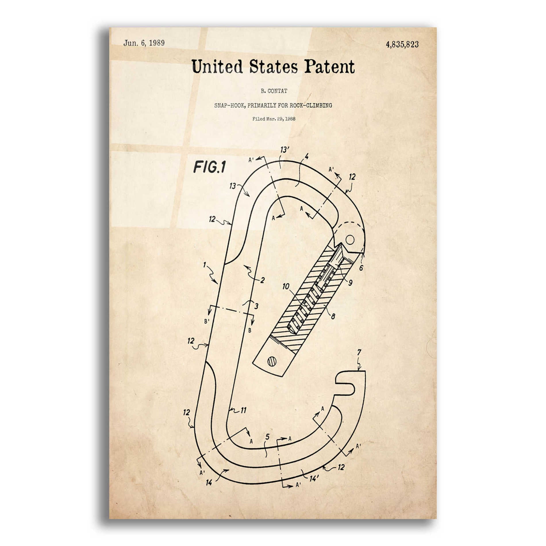 Epic Art 'Climbing Hook Blueprint Patent Parchment,' Acrylic Glass Wall Art,12x16