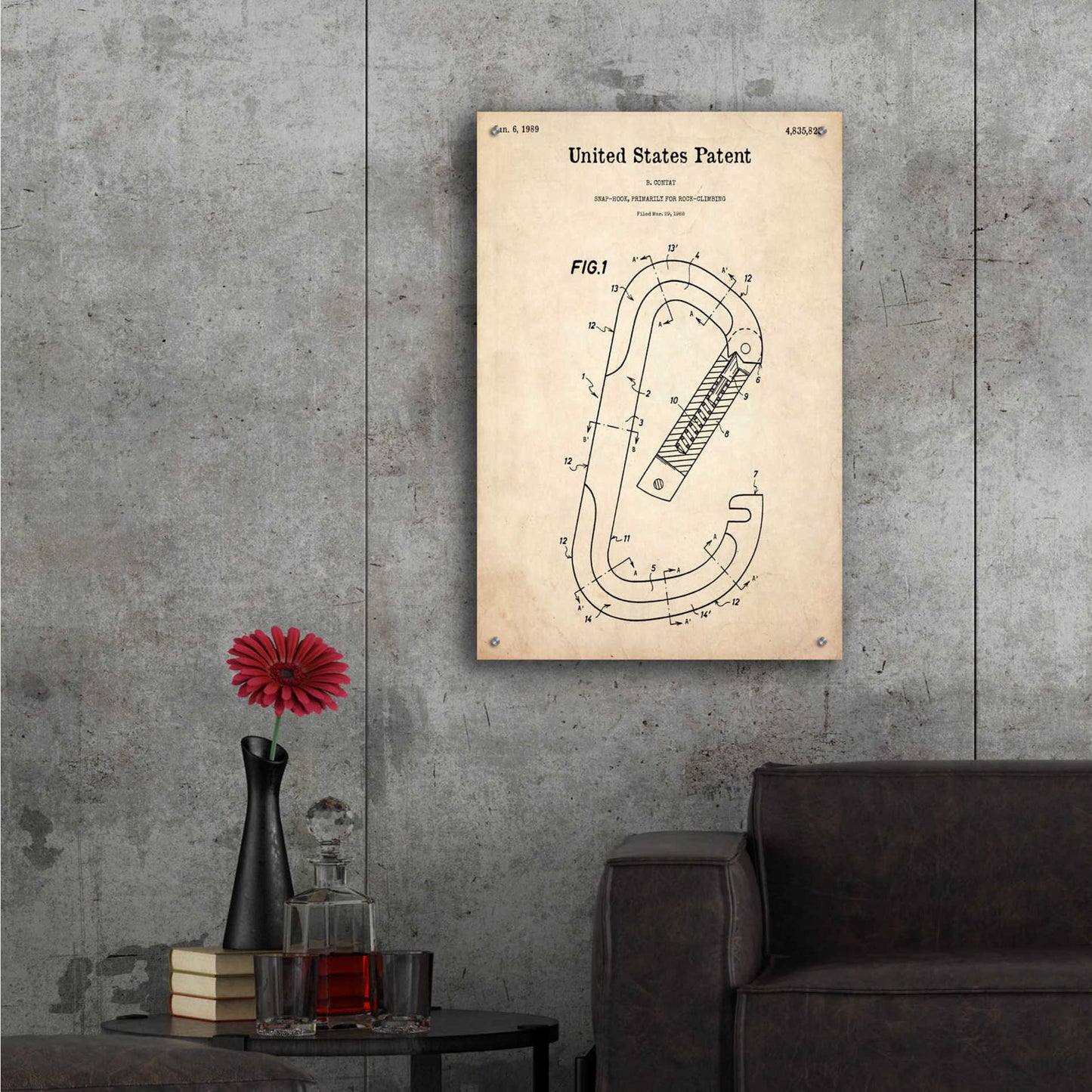 Epic Art 'Climbing Hook Blueprint Patent Parchment,' Acrylic Glass Wall Art,24x36