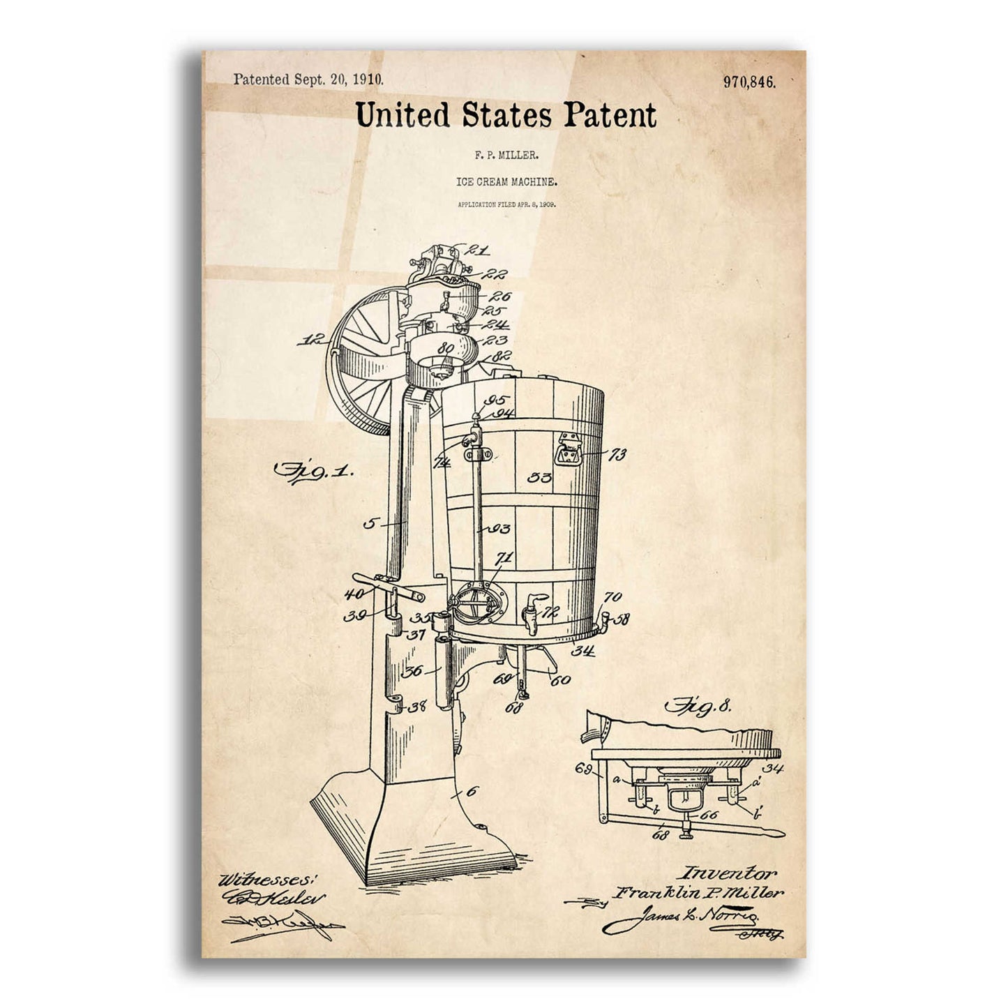 Epic Art 'Ice Cream Machine Blueprint Patent Parchment,' Acrylic Glass Wall Art,12x16x1.1x0,18x26x1.1x0,26x34x1.74x0,40x54x1.74x0