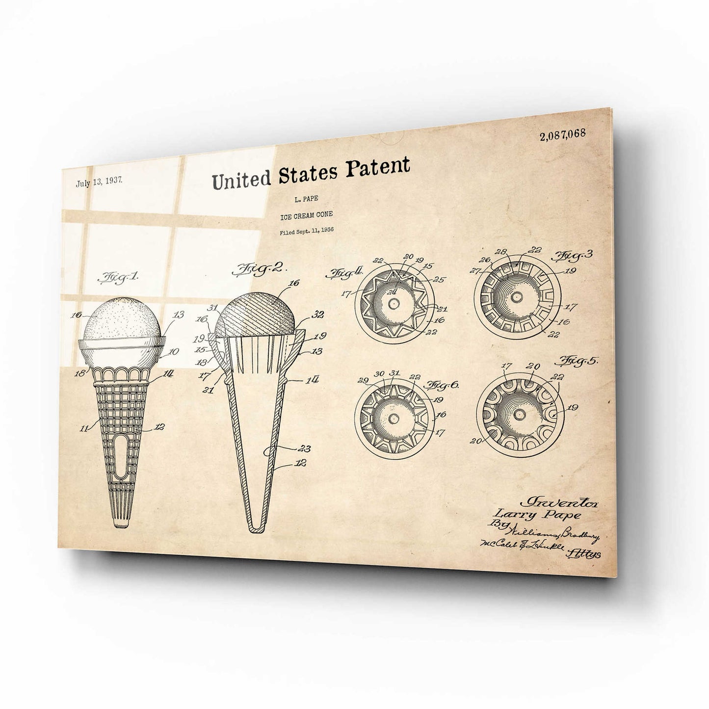 Epic Art 'Ice Cream Cone Blueprint Patent Parchment,' Acrylic Glass Wall Art,16x12