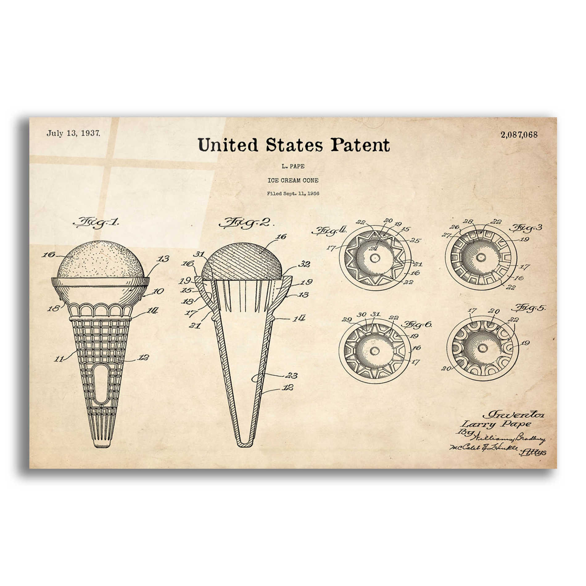 Epic Art 'Ice Cream Cone Blueprint Patent Parchment,' Acrylic Glass Wall Art,16x12