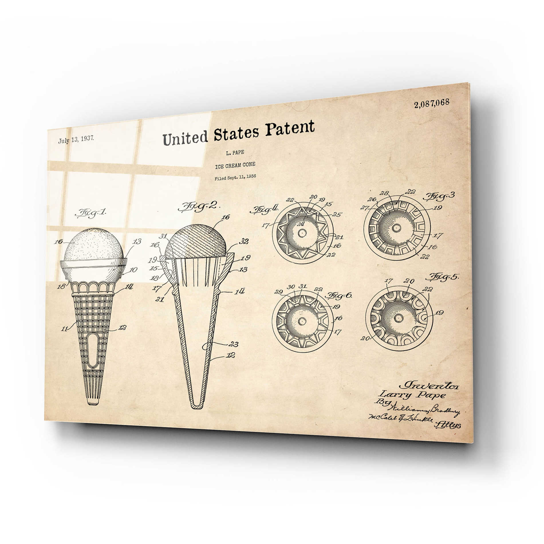 Epic Art 'Ice Cream Cone Blueprint Patent Parchment,' Acrylic Glass Wall Art,24x16