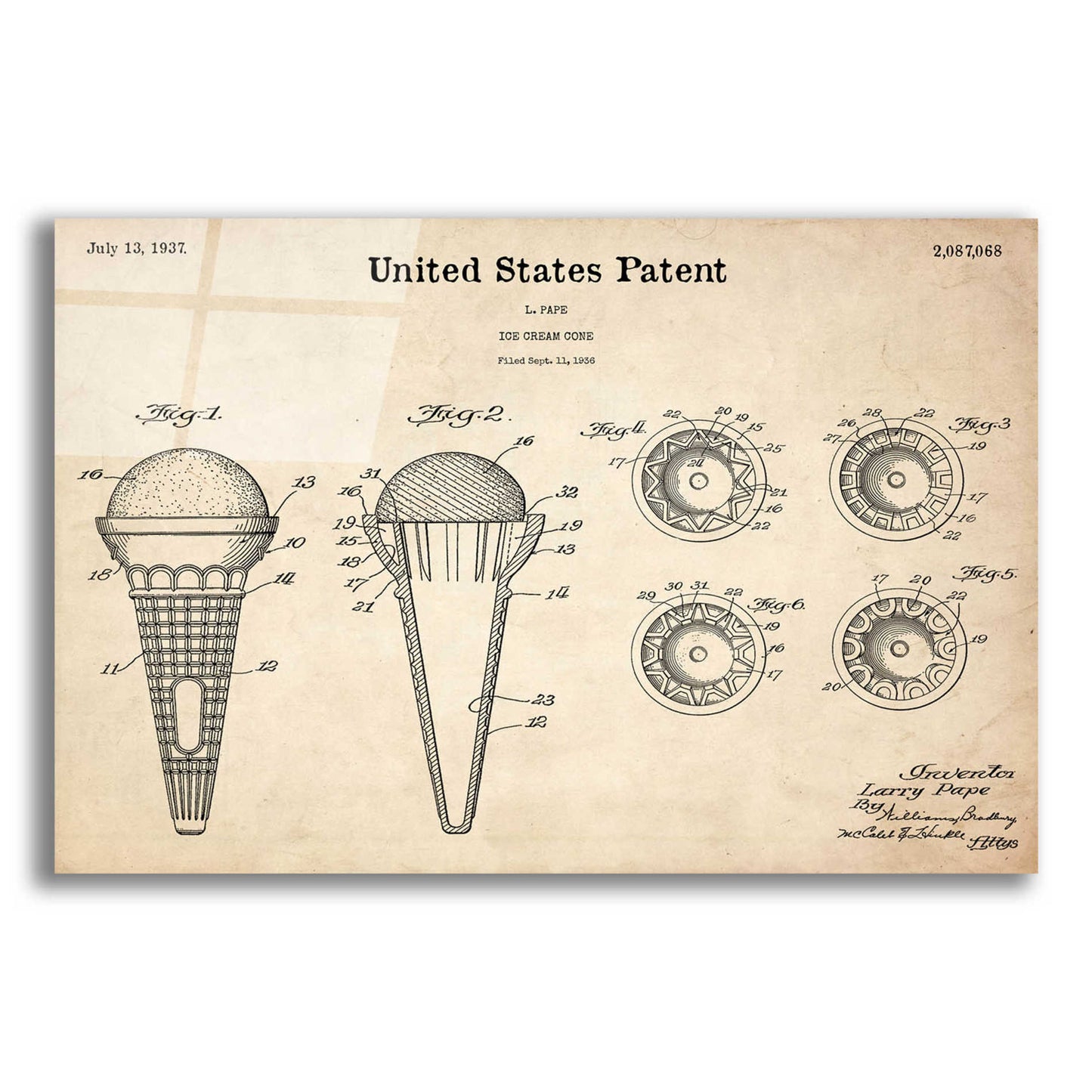 Epic Art 'Ice Cream Cone Blueprint Patent Parchment,' Acrylic Glass Wall Art,24x16