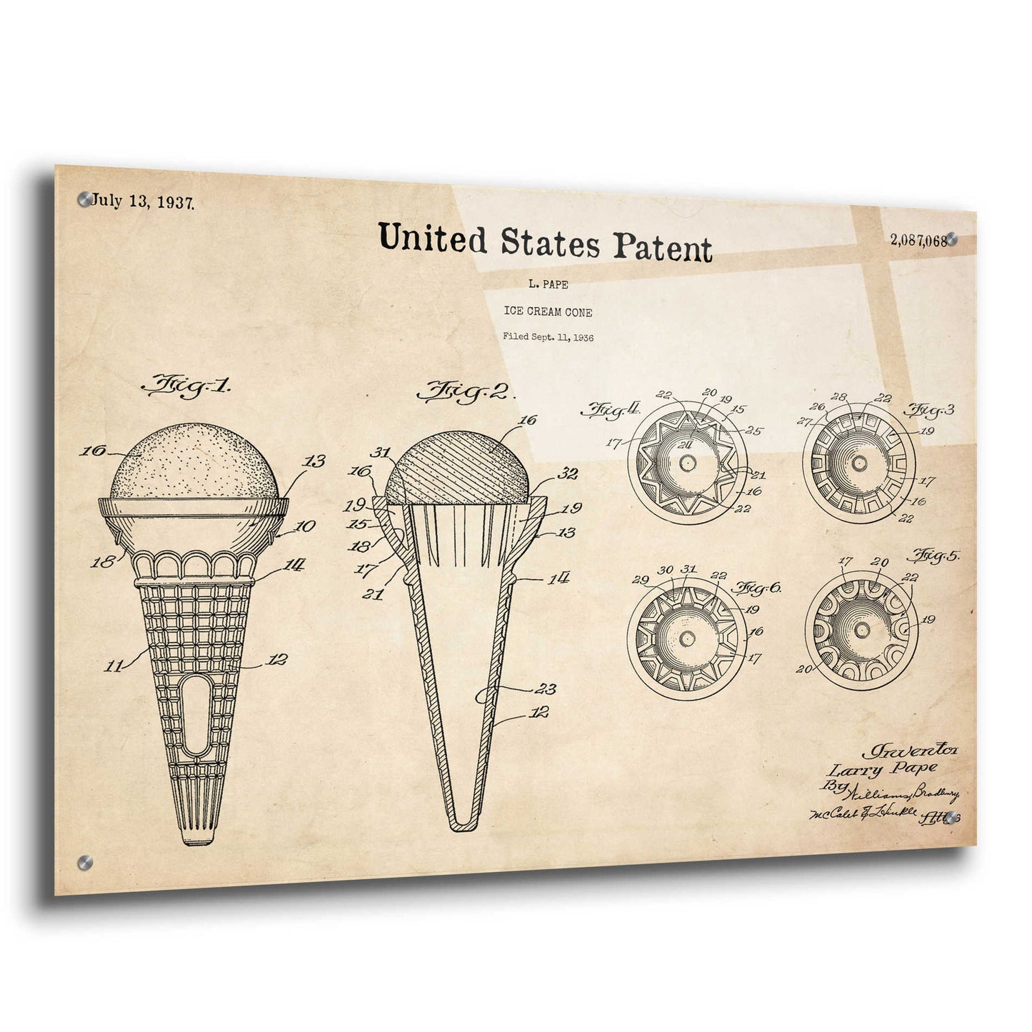 Epic Art 'Ice Cream Cone Blueprint Patent Parchment,' Acrylic Glass Wall Art,36x24