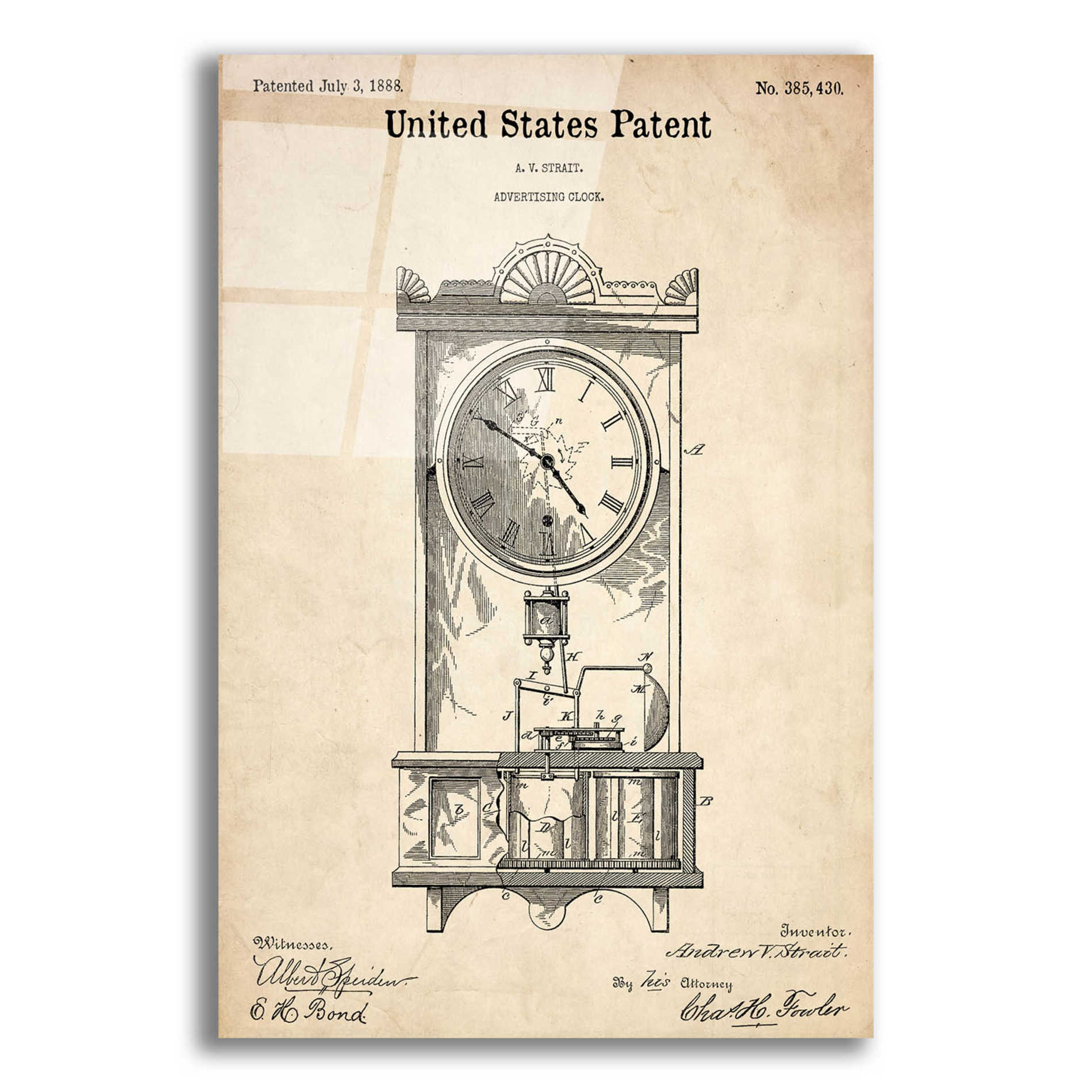 Epic Art 'Mantel Clock Blueprint Patent Parchment,' Acrylic Glass Wall Art,12x16