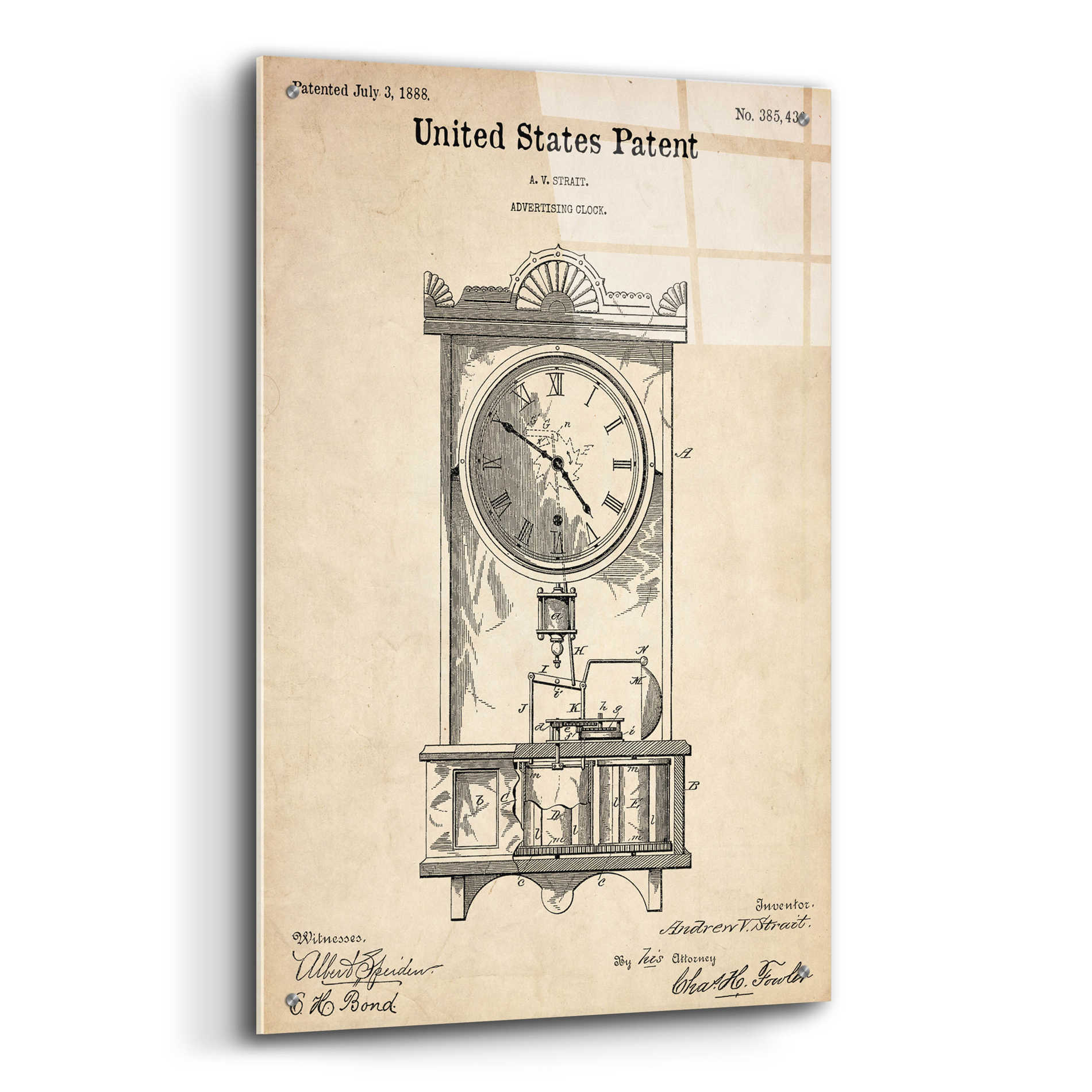 Epic Art 'Mantel Clock Blueprint Patent Parchment,' Acrylic Glass Wall Art,24x36