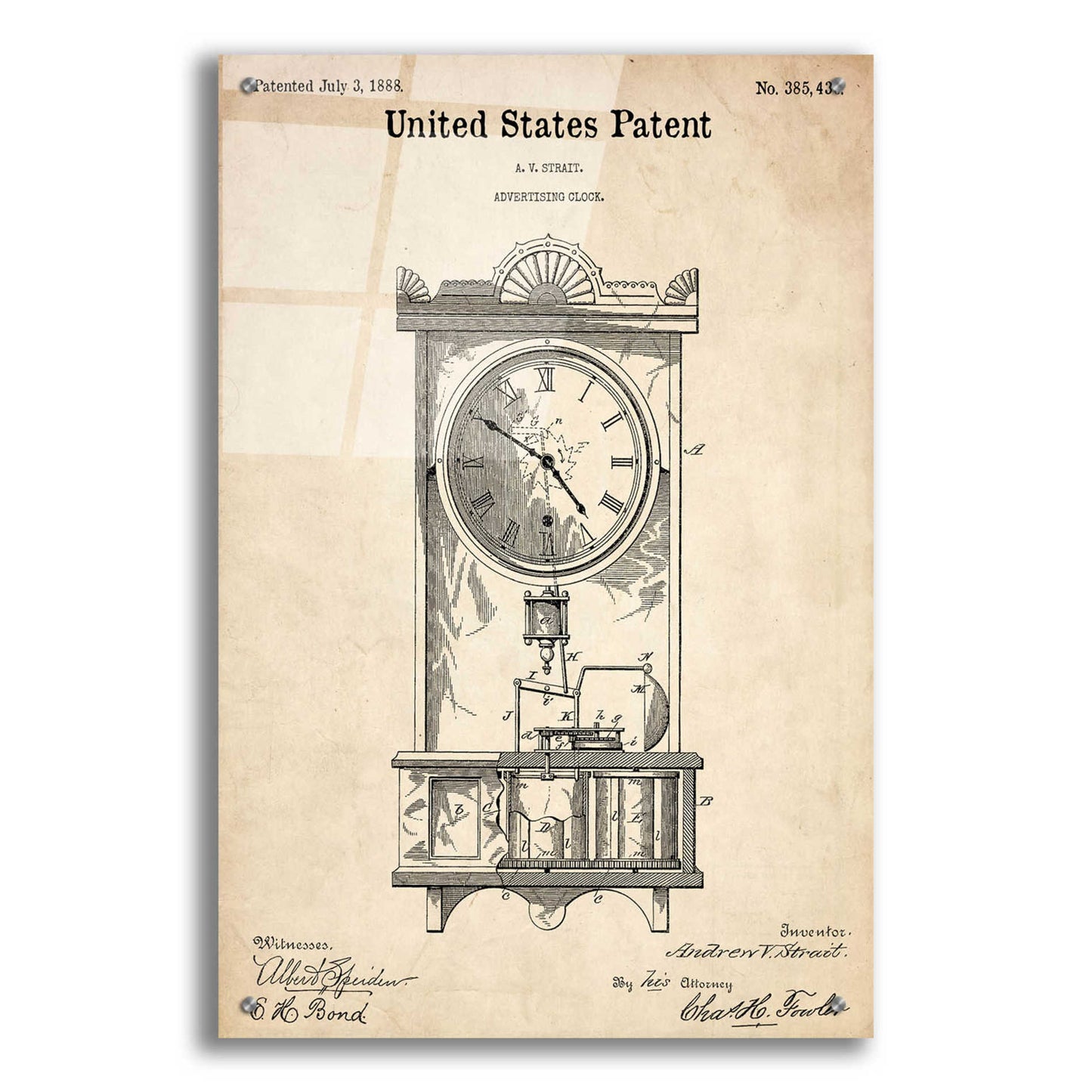 Epic Art 'Mantel Clock Blueprint Patent Parchment,' Acrylic Glass Wall Art,24x36