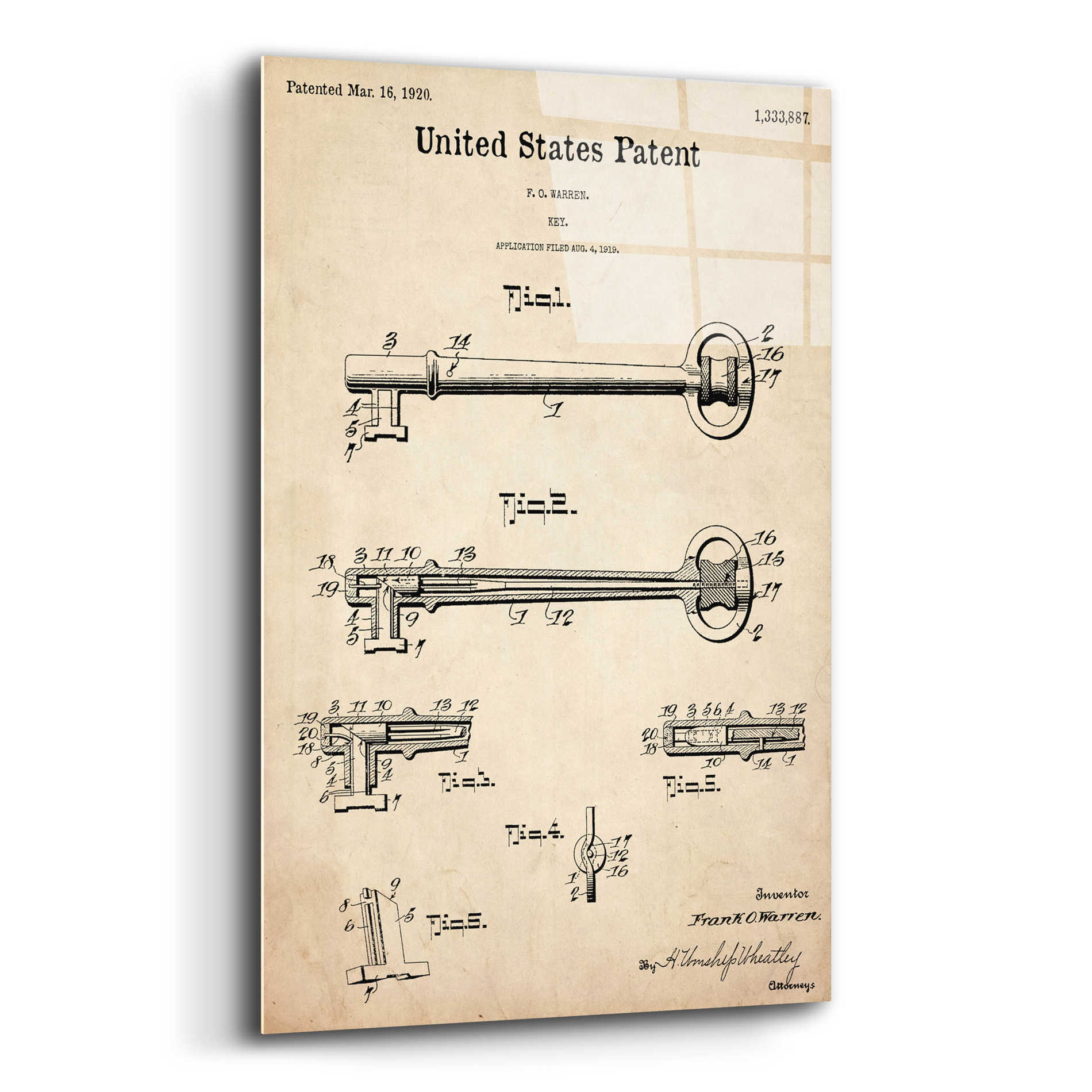 Epic Art 'Vintage Key Blueprint Patent Parchment,' Acrylic Glass Wall Art,12x16