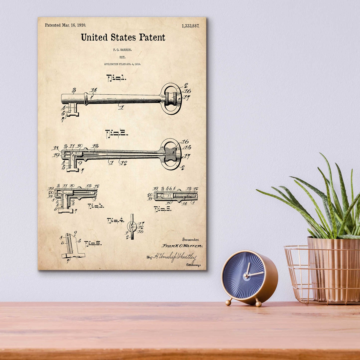 Epic Art 'Vintage Key Blueprint Patent Parchment,' Acrylic Glass Wall Art,12x16