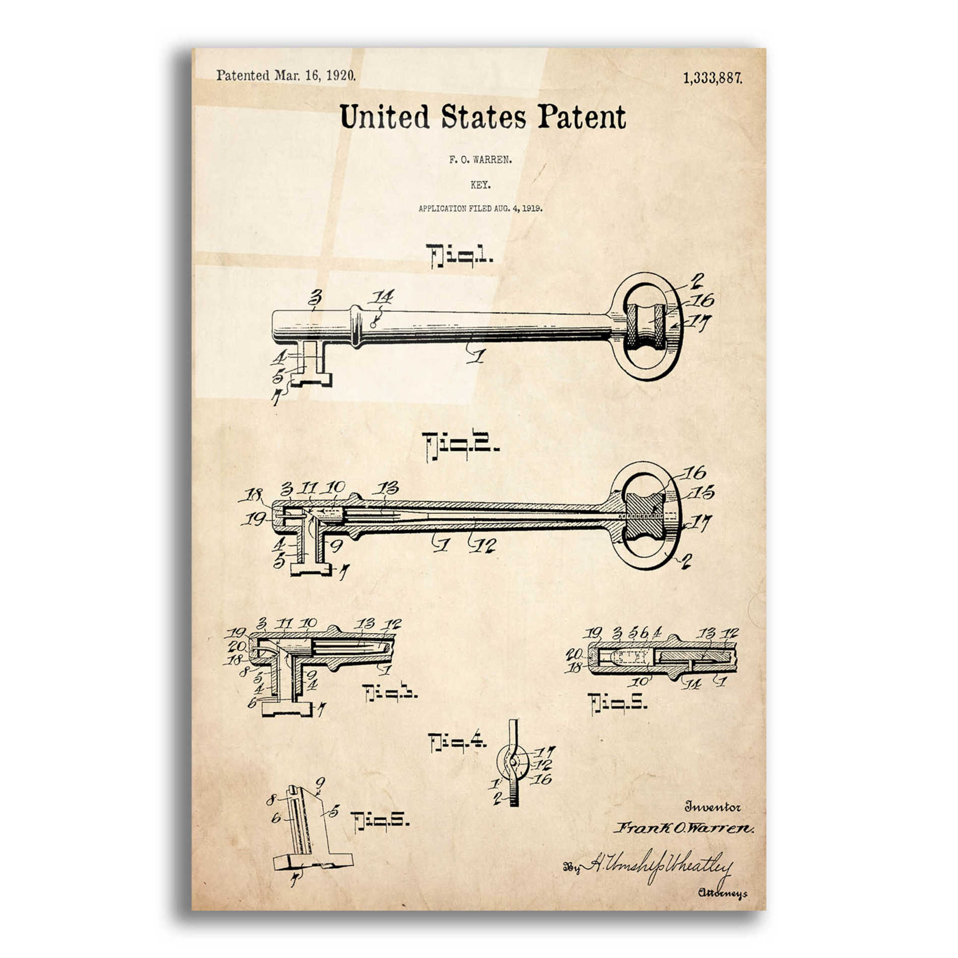 Epic Art 'Vintage Key Blueprint Patent Parchment,' Acrylic Glass Wall Art,12x16