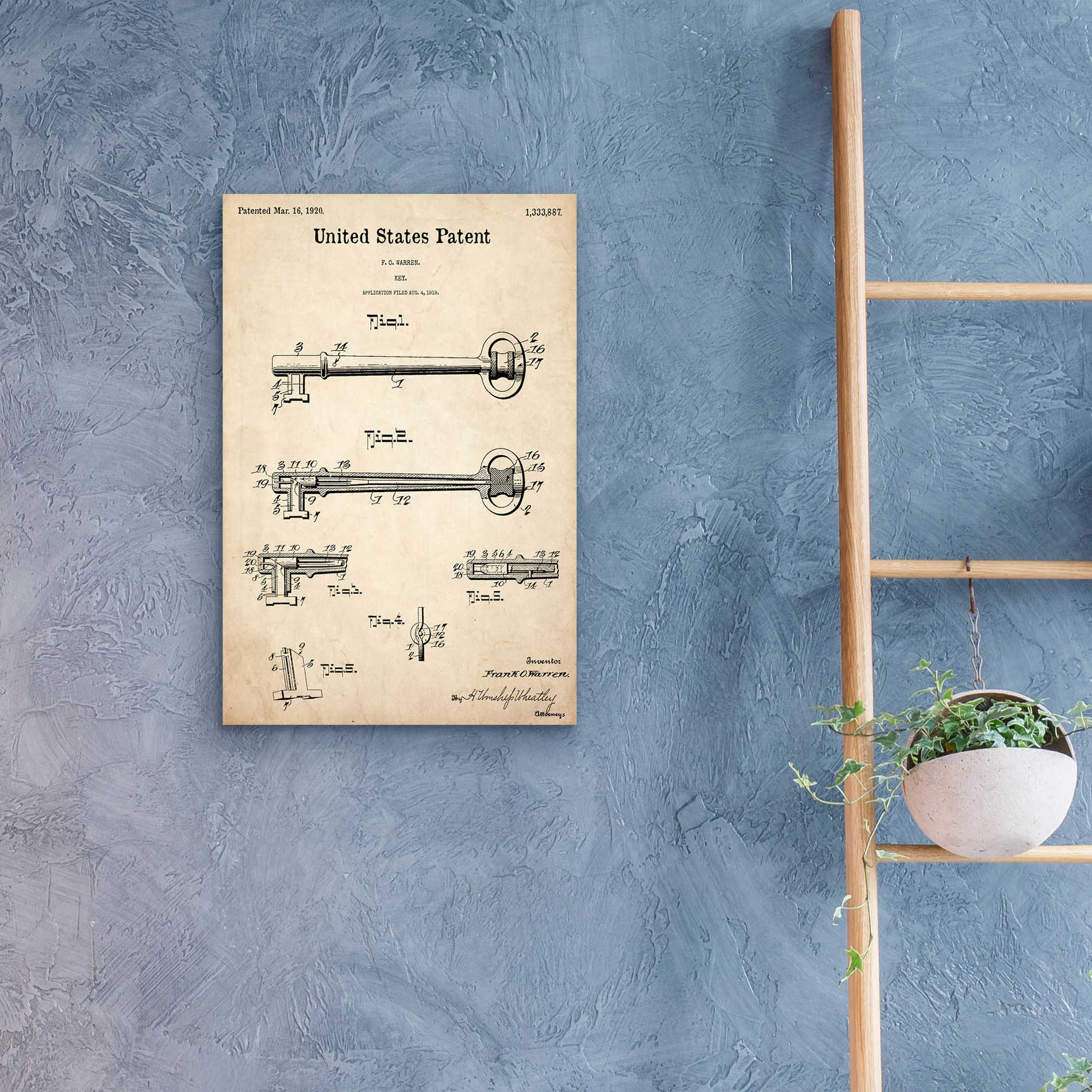 Epic Art 'Vintage Key Blueprint Patent Parchment,' Acrylic Glass Wall Art,16x24