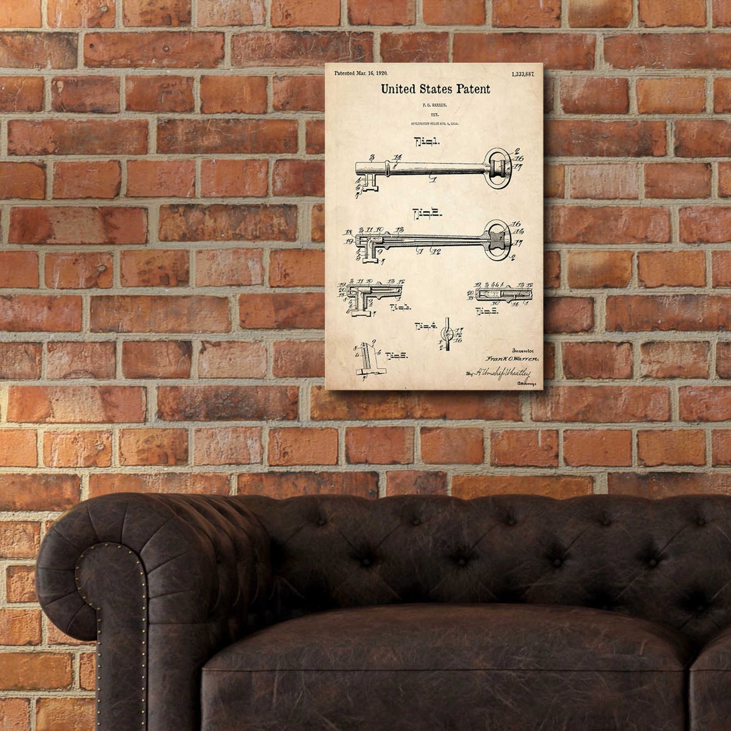 Epic Art 'Vintage Key Blueprint Patent Parchment,' Acrylic Glass Wall Art,16x24