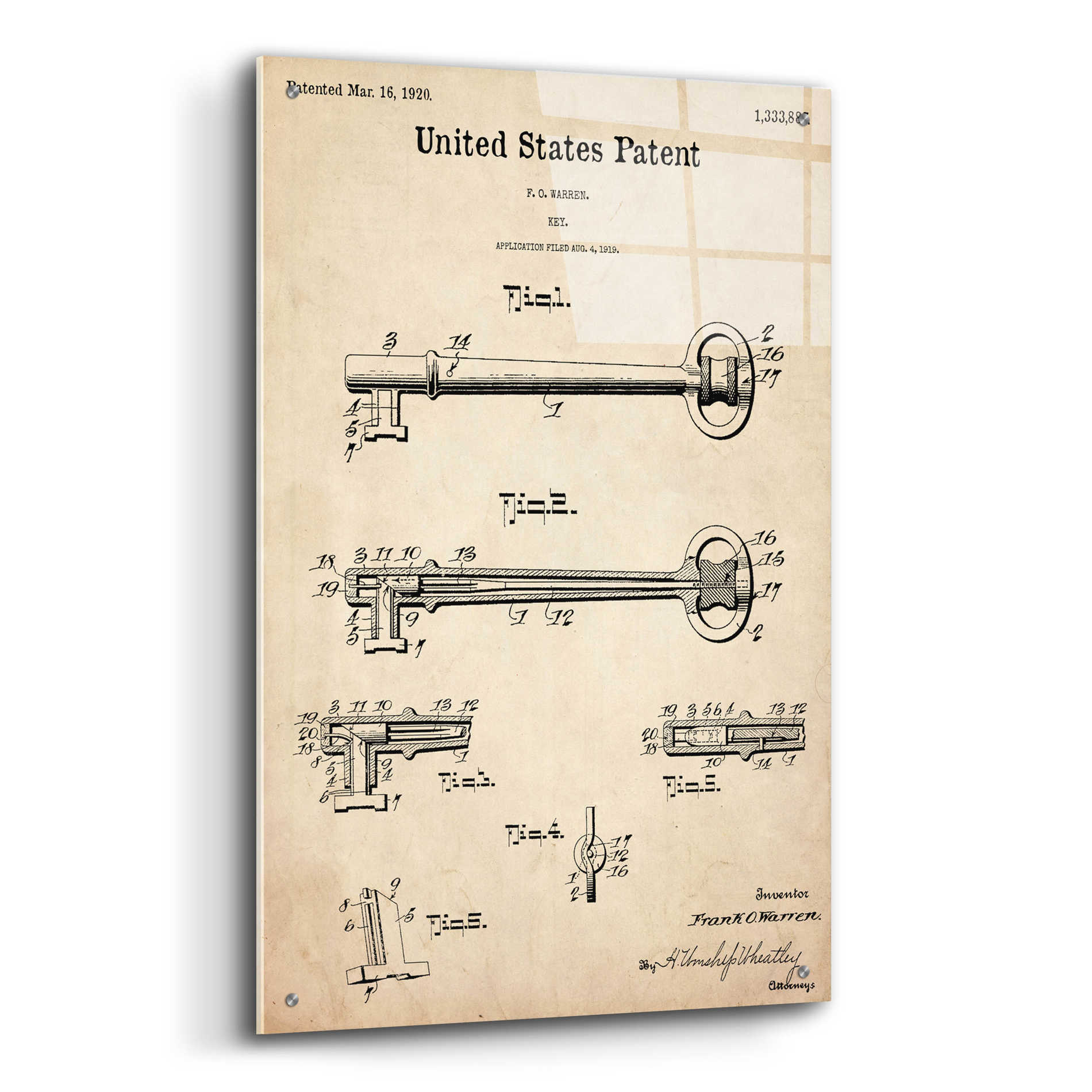 Epic Art 'Vintage Key Blueprint Patent Parchment,' Acrylic Glass Wall Art,24x36