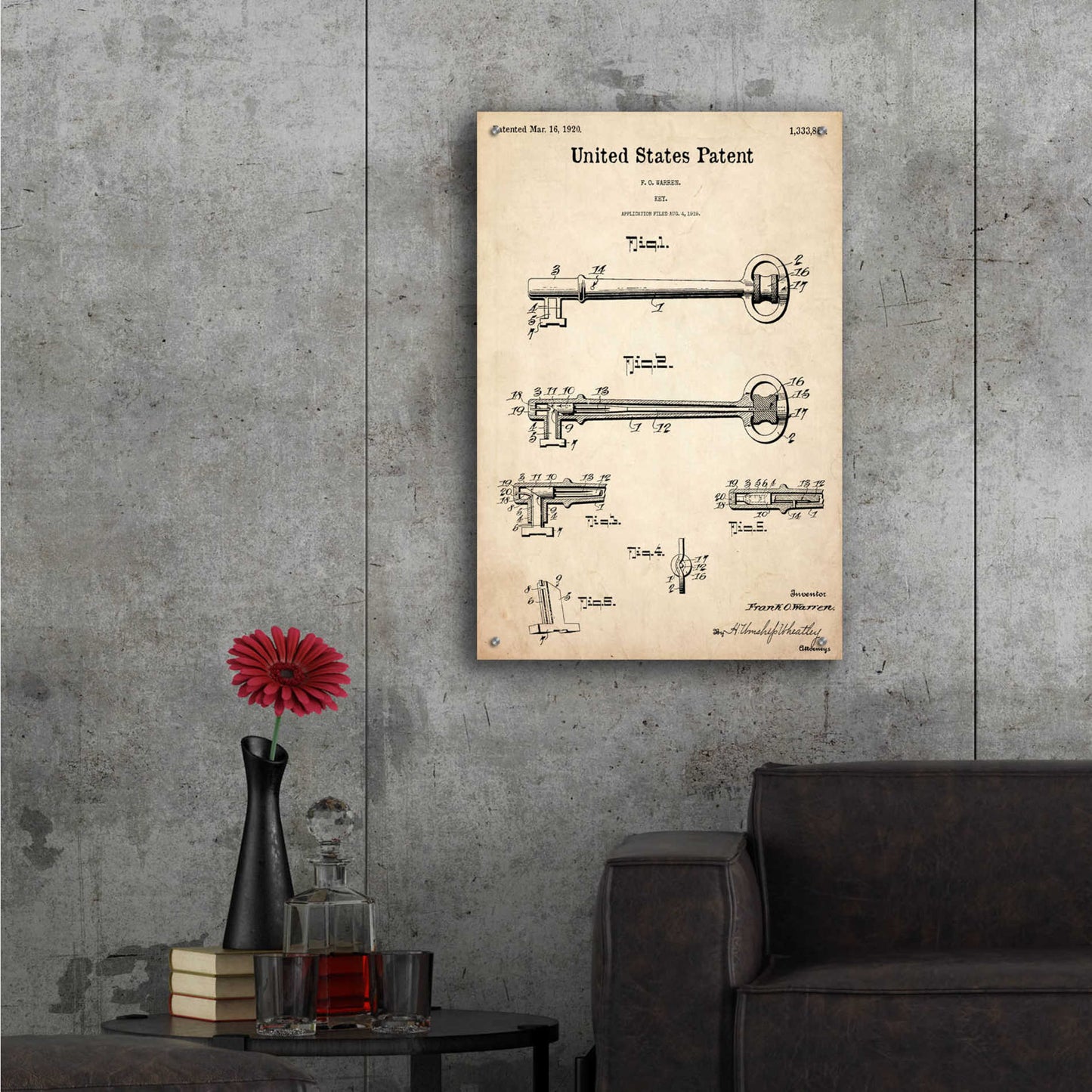 Epic Art 'Vintage Key Blueprint Patent Parchment,' Acrylic Glass Wall Art,24x36