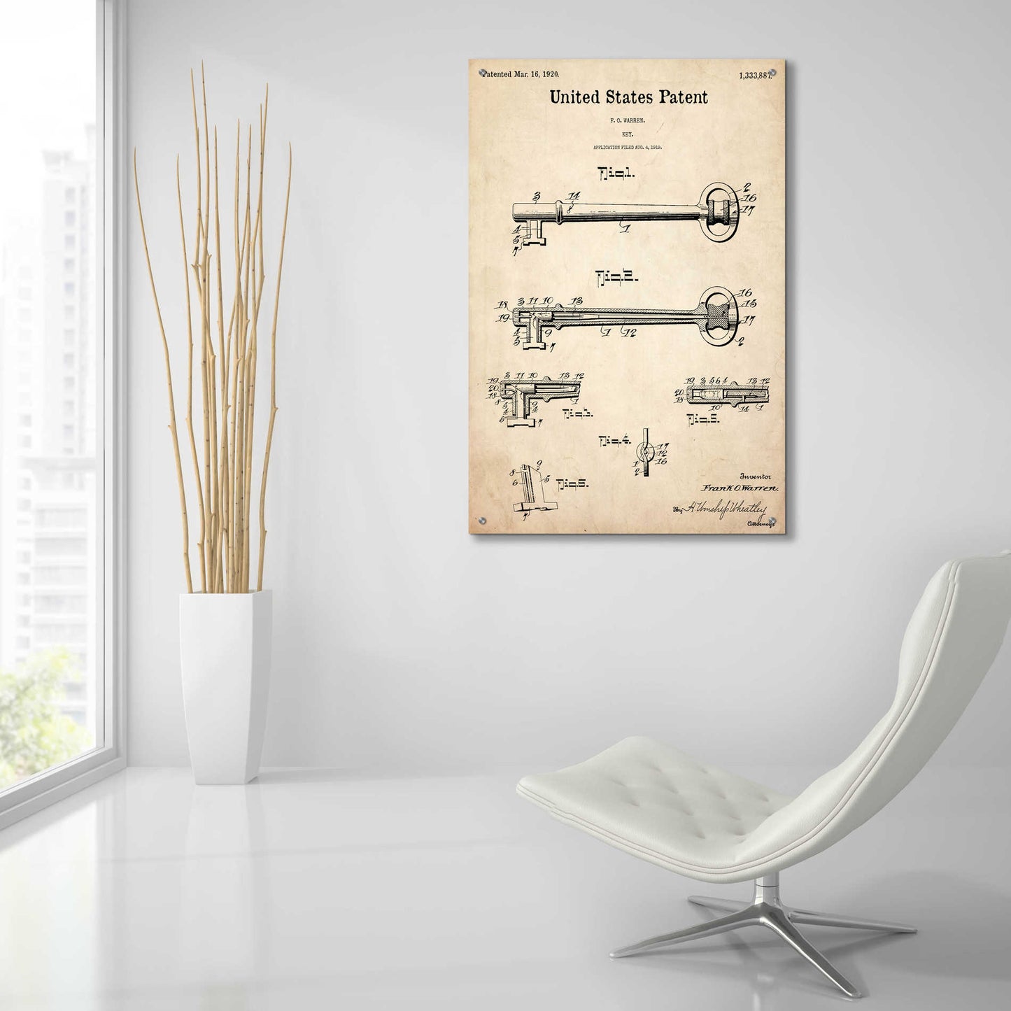 Epic Art 'Vintage Key Blueprint Patent Parchment,' Acrylic Glass Wall Art,24x36