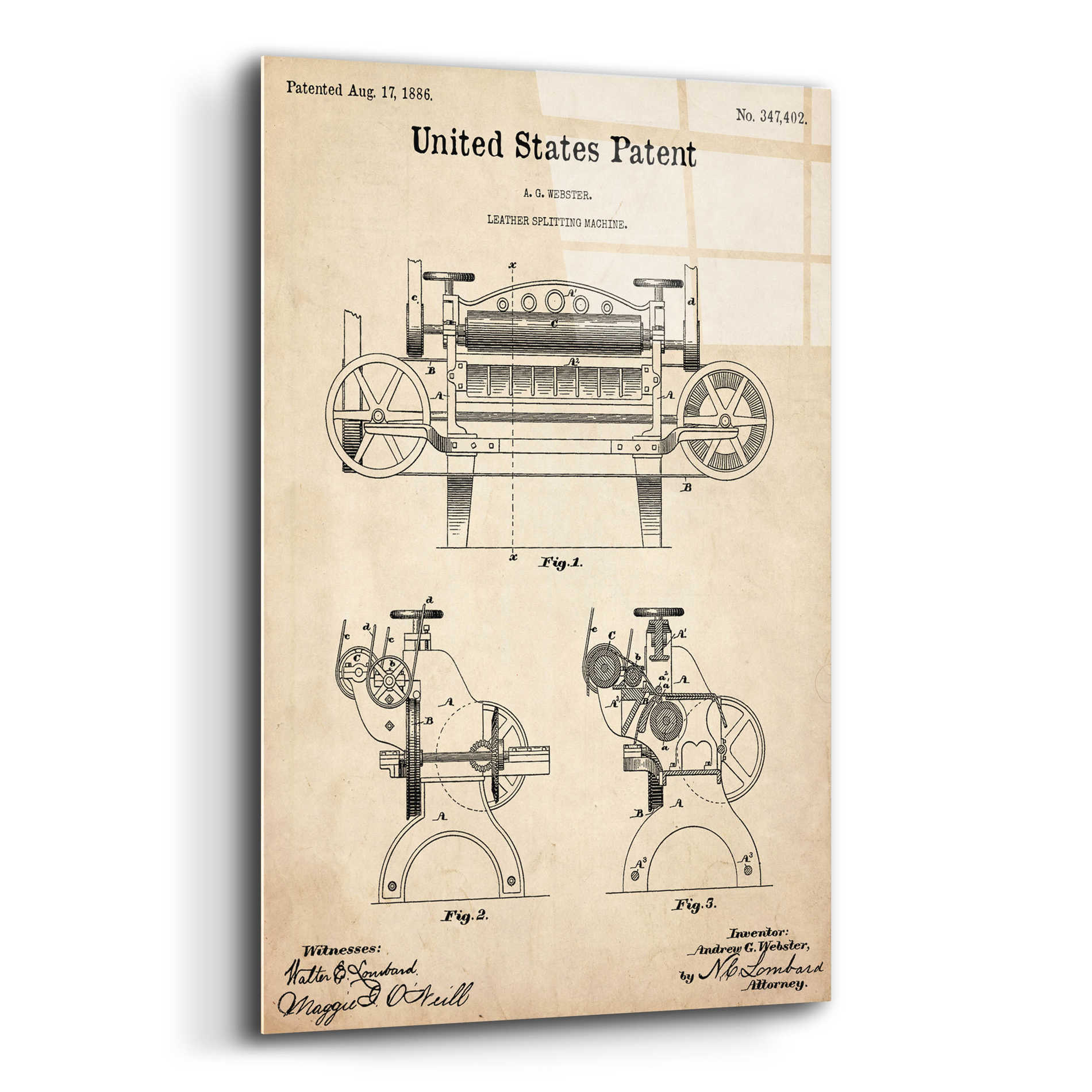 Epic Art 'Leather Splitting Machine Blueprint Patent Parchment,' Acrylic Glass Wall Art,12x16