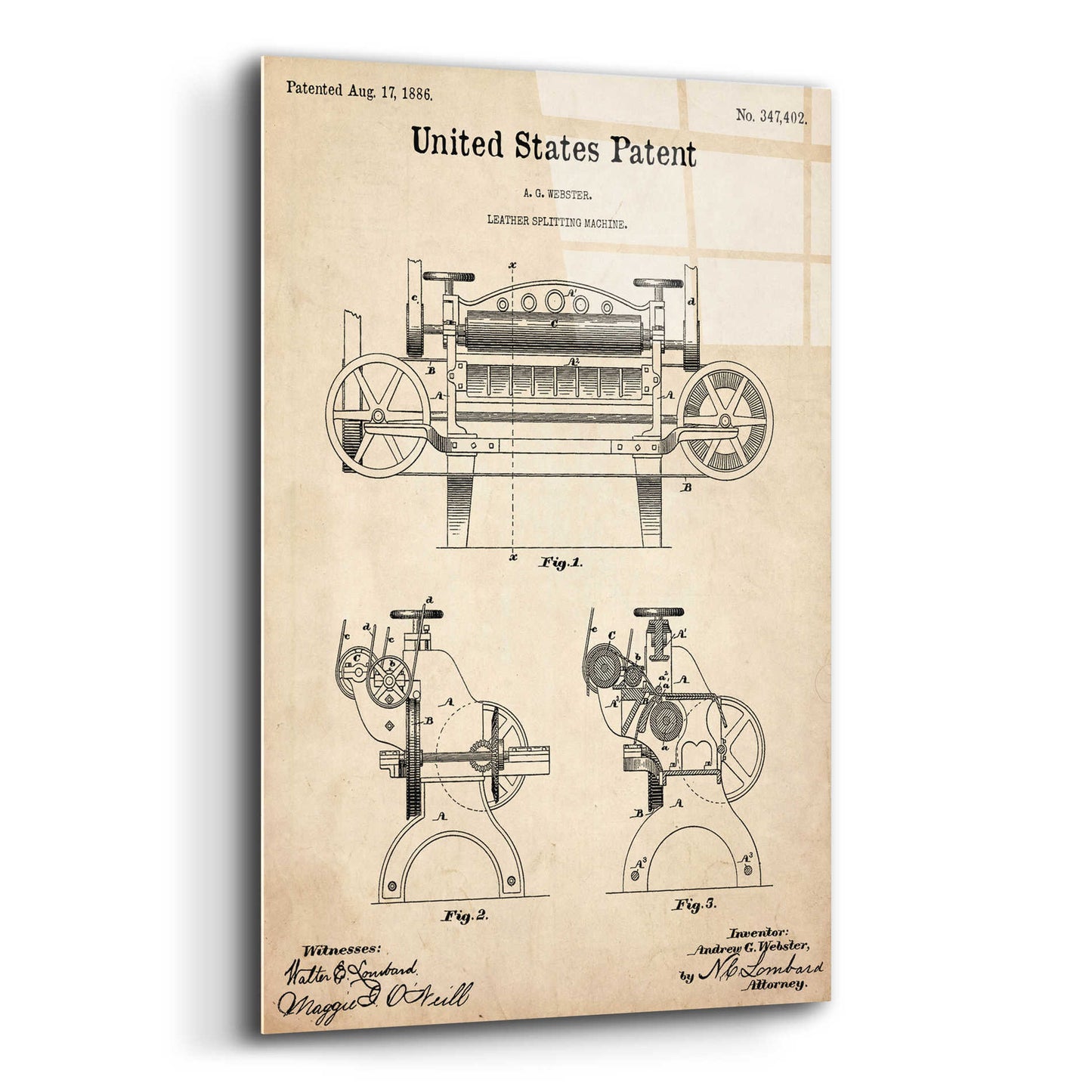 Epic Art 'Leather Splitting Machine Blueprint Patent Parchment,' Acrylic Glass Wall Art,16x24