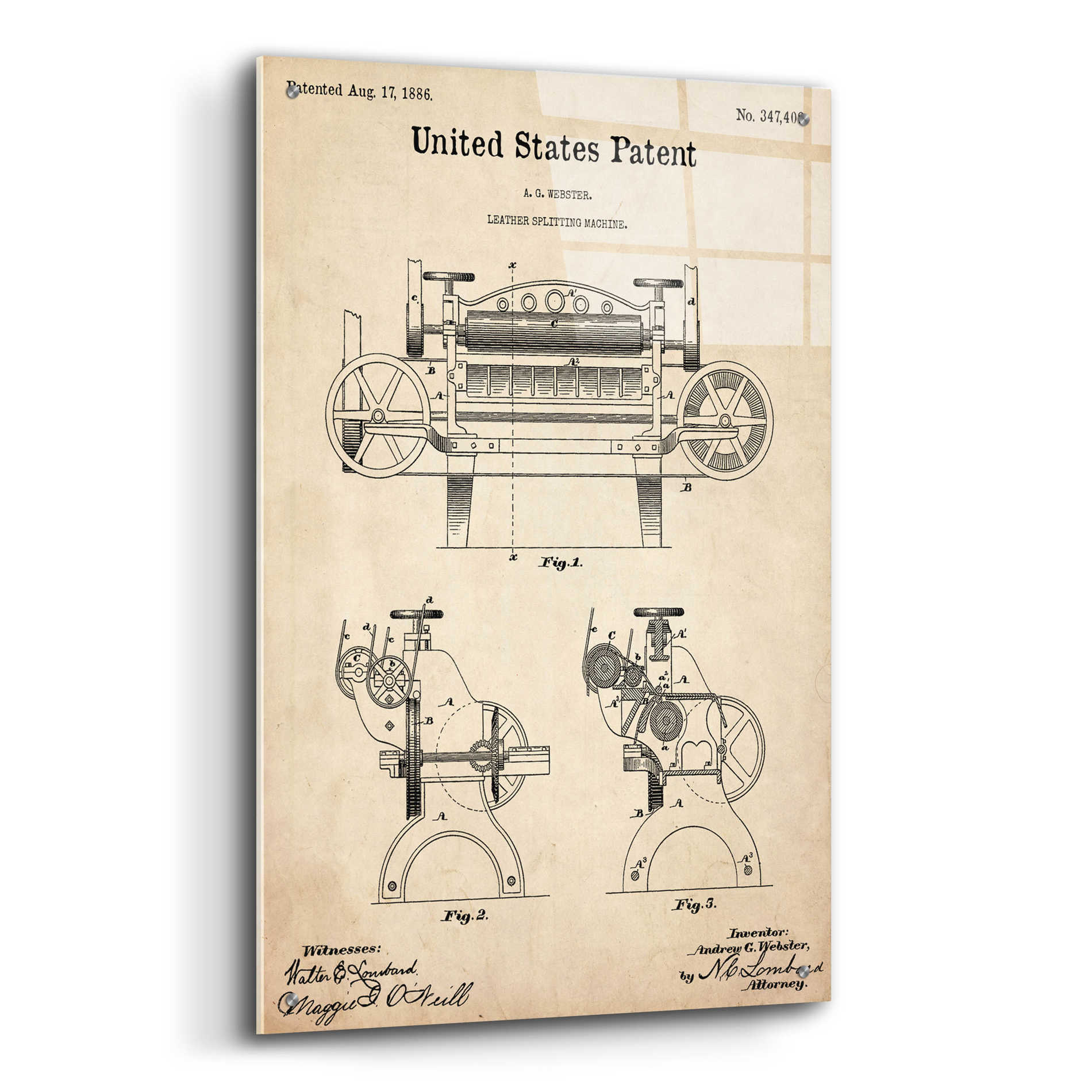 Epic Art 'Leather Splitting Machine Blueprint Patent Parchment,' Acrylic Glass Wall Art,24x36