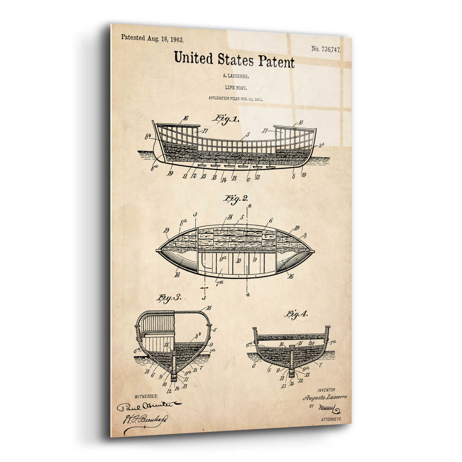 Epic Art 'Lifeboat Blueprint Patent Parchment,' Acrylic Glass Wall Art,12x16