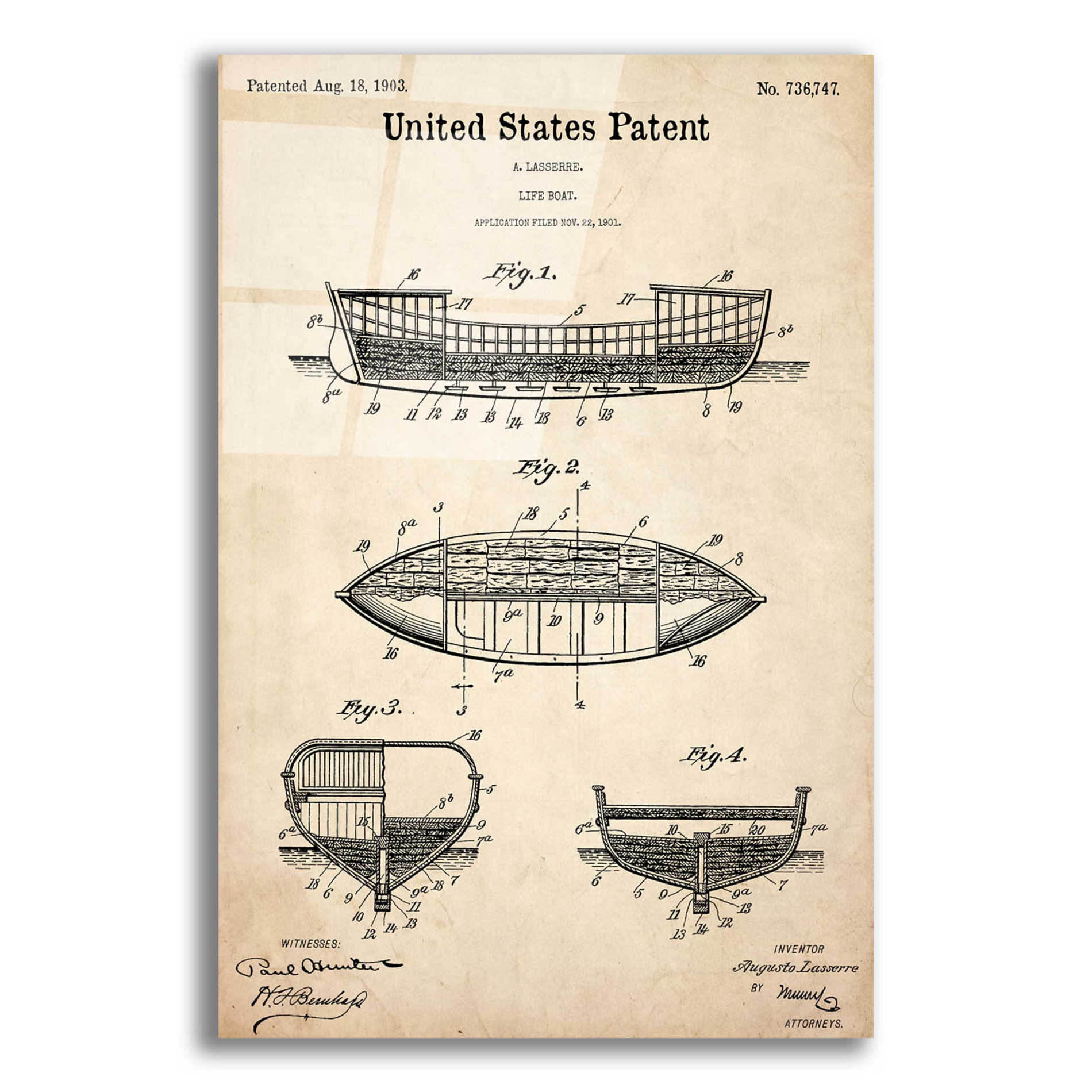 Epic Art 'Lifeboat Blueprint Patent Parchment,' Acrylic Glass Wall Art,12x16