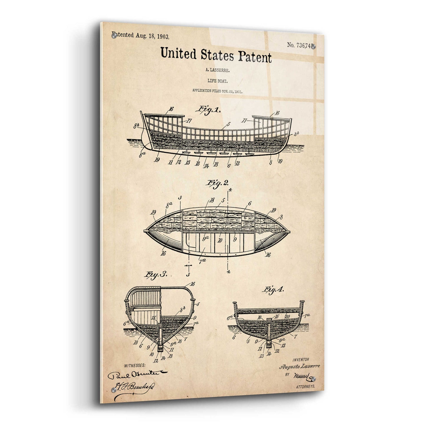 Epic Art 'Lifeboat Blueprint Patent Parchment,' Acrylic Glass Wall Art,24x36