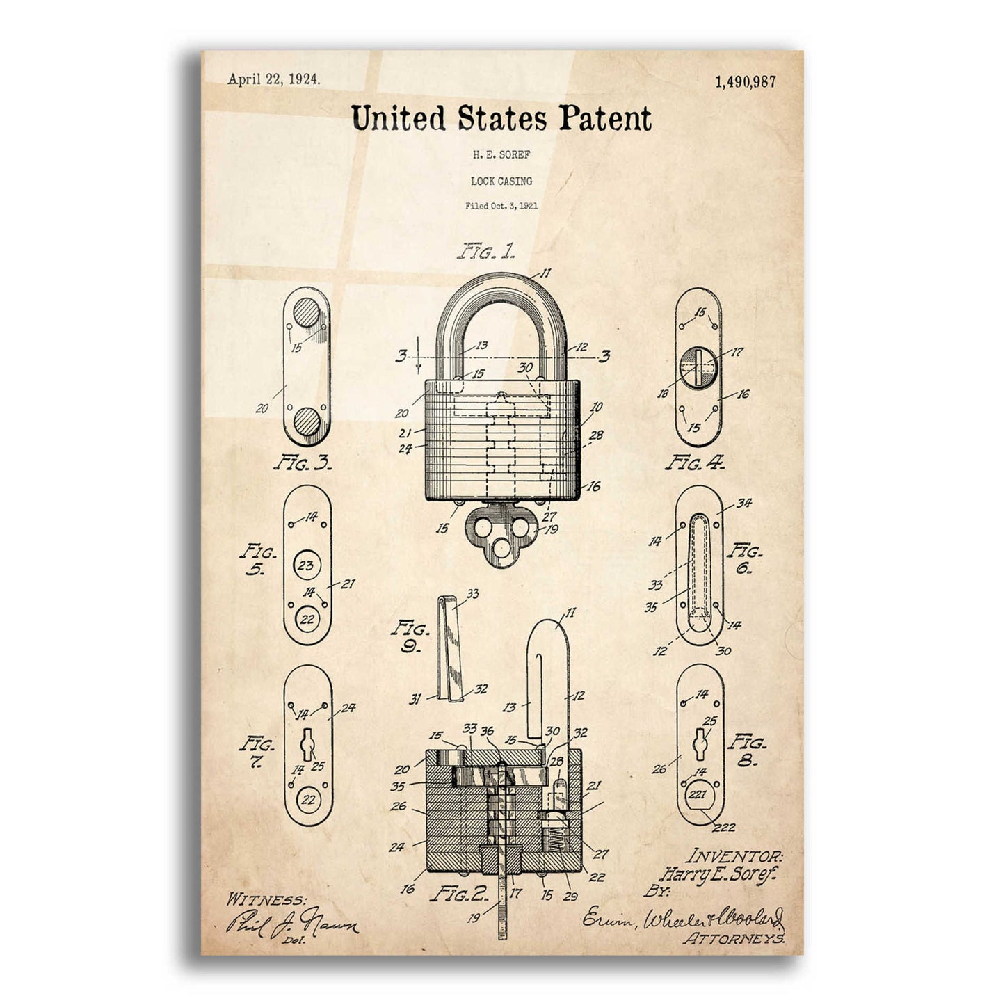 Epic Art 'Lock Blueprint Patent Parchment,' Acrylic Glass Wall Art,12x16