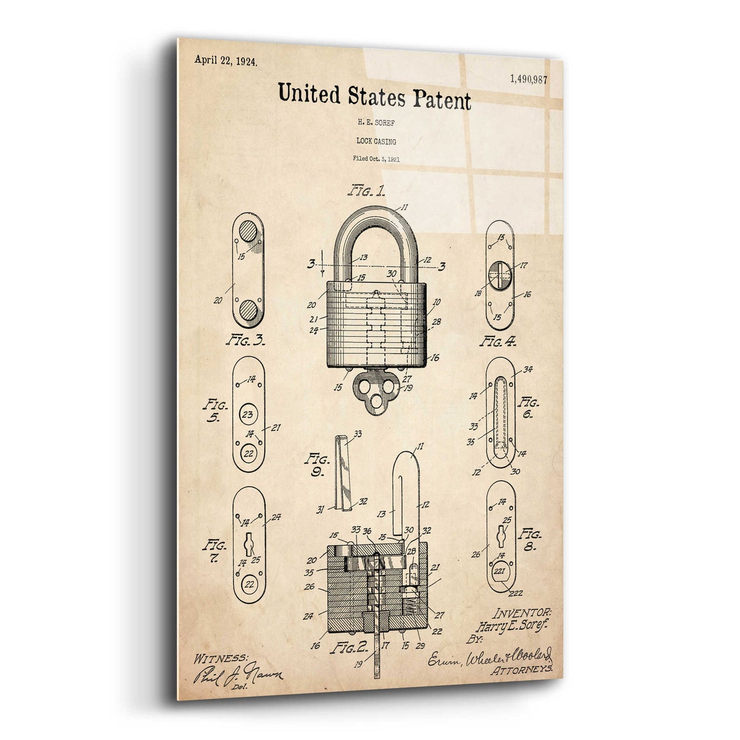 Epic Art 'Lock Blueprint Patent Parchment,' Acrylic Glass Wall Art,16x24