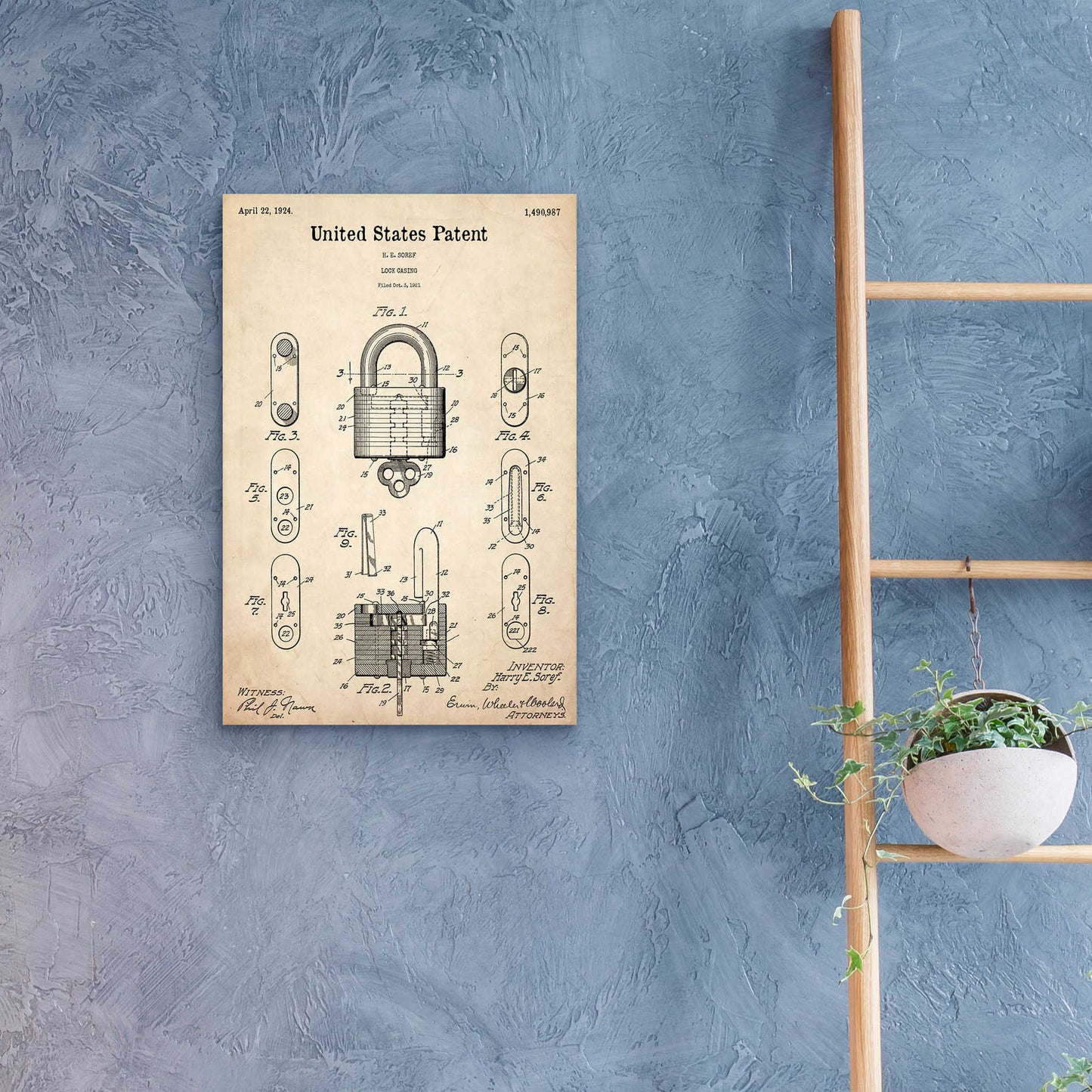 Epic Art 'Lock Blueprint Patent Parchment,' Acrylic Glass Wall Art,16x24