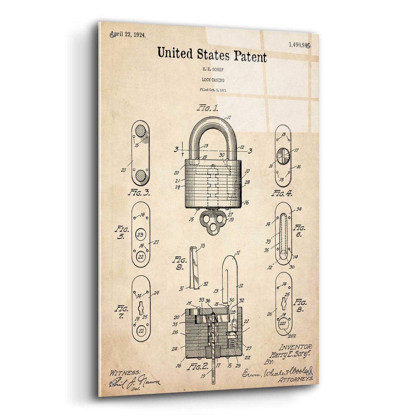 Epic Art 'Lock Blueprint Patent Parchment,' Acrylic Glass Wall Art,24x36