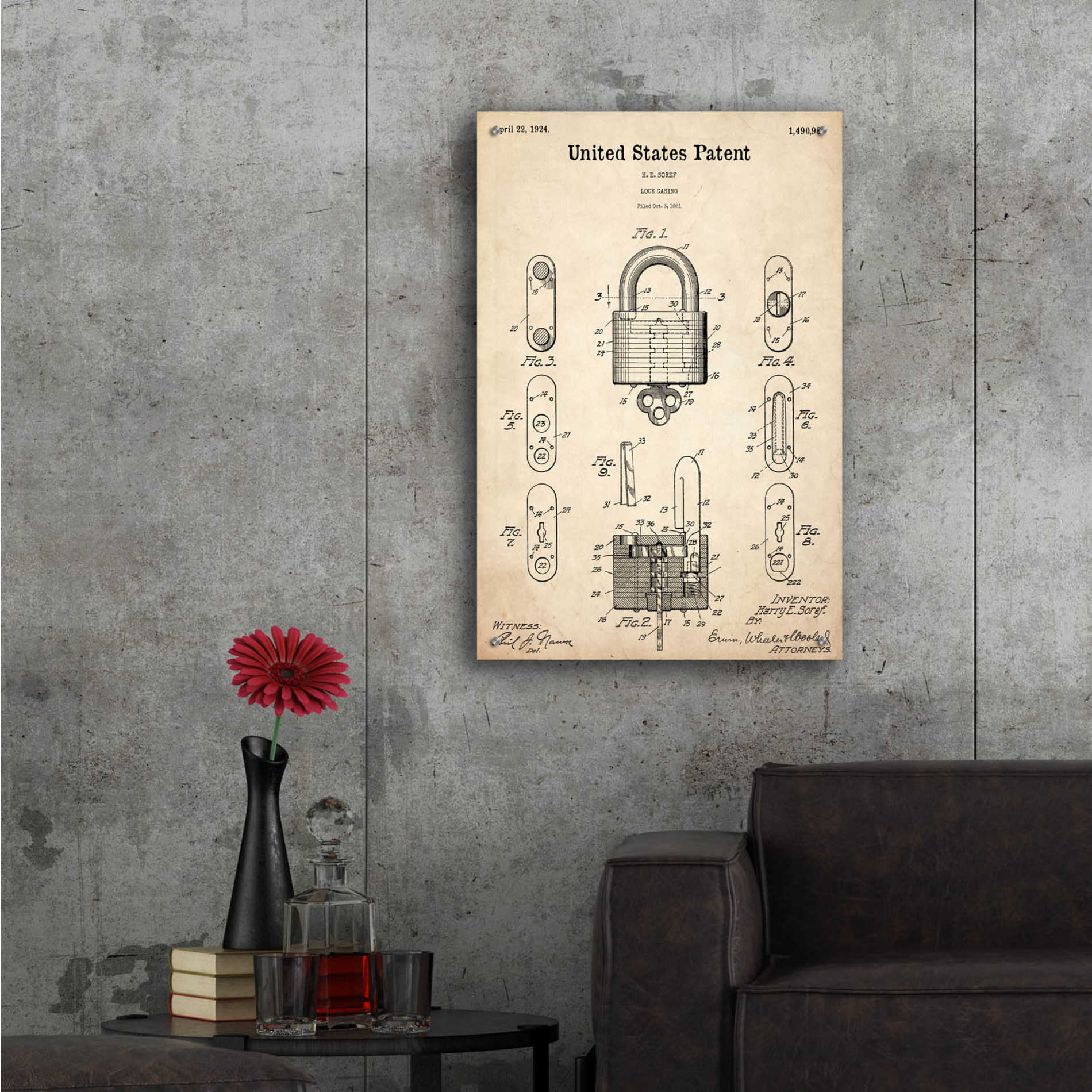 Epic Art 'Lock Blueprint Patent Parchment,' Acrylic Glass Wall Art,24x36