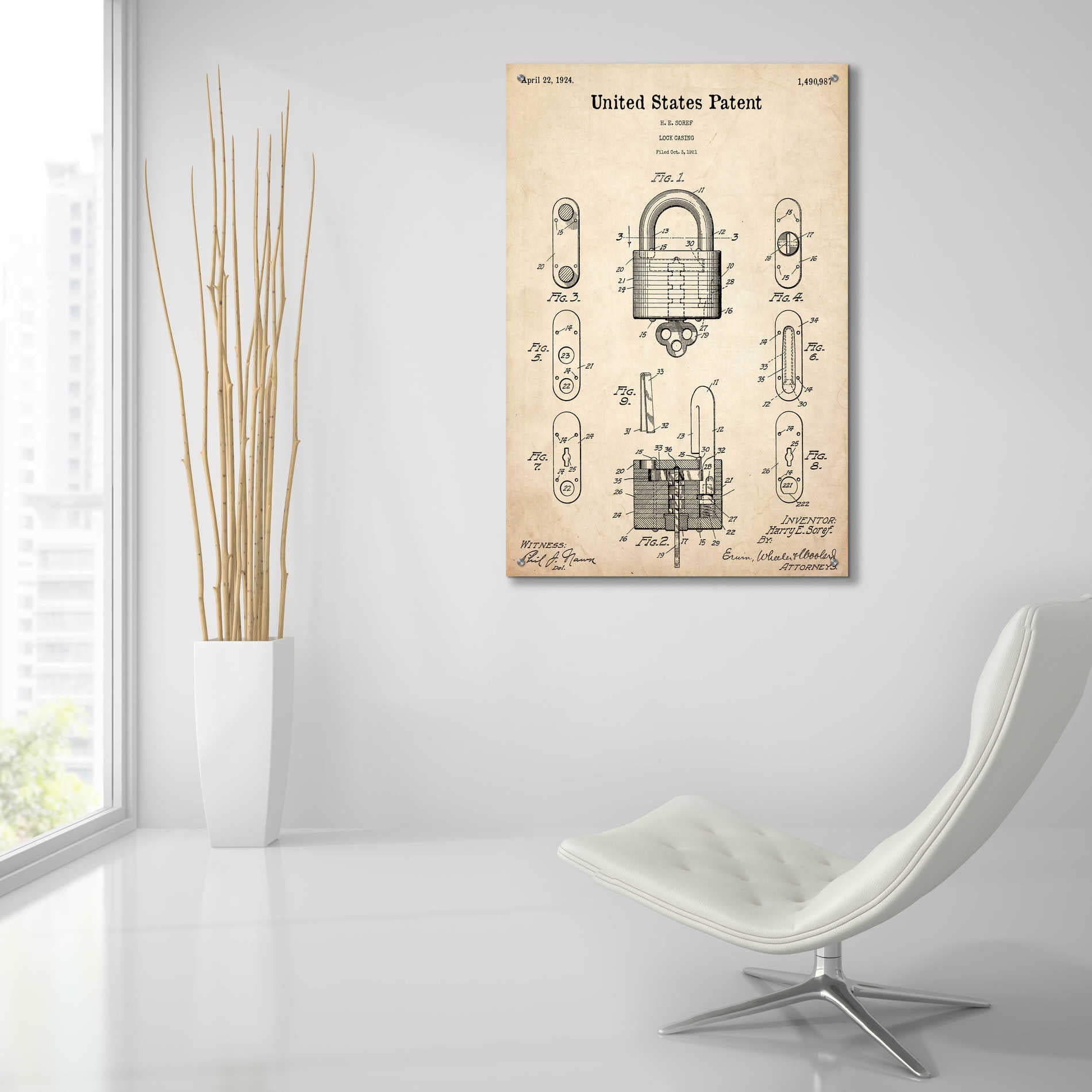 Epic Art 'Lock Blueprint Patent Parchment,' Acrylic Glass Wall Art,24x36