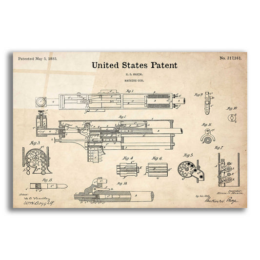 Epic Art 'Machine Gun Blueprint Patent Parchment,' Acrylic Glass Wall Art,16x12x1.1x0,26x18x1.1x0,34x26x1.74x0,54x40x1.74x0