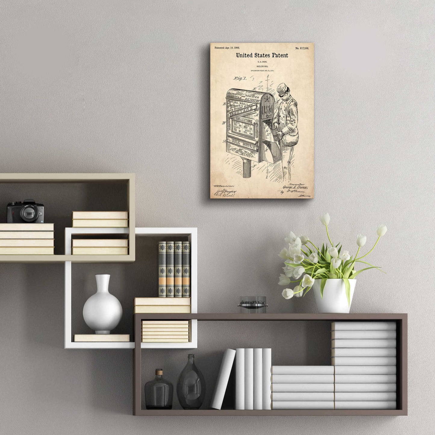 Epic Art 'Mailbox Blueprint Patent Parchment,' Acrylic Glass Wall Art,16x24