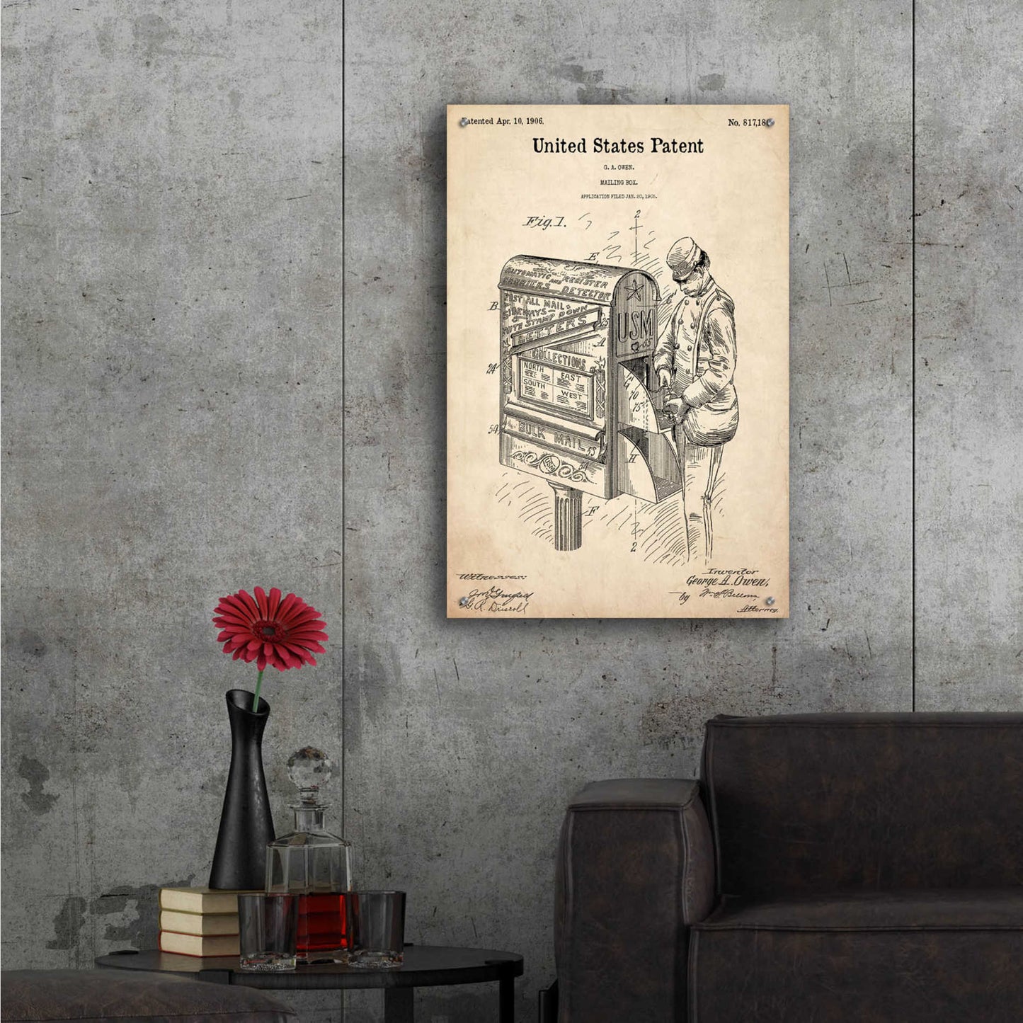 Epic Art 'Mailbox Blueprint Patent Parchment,' Acrylic Glass Wall Art,24x36