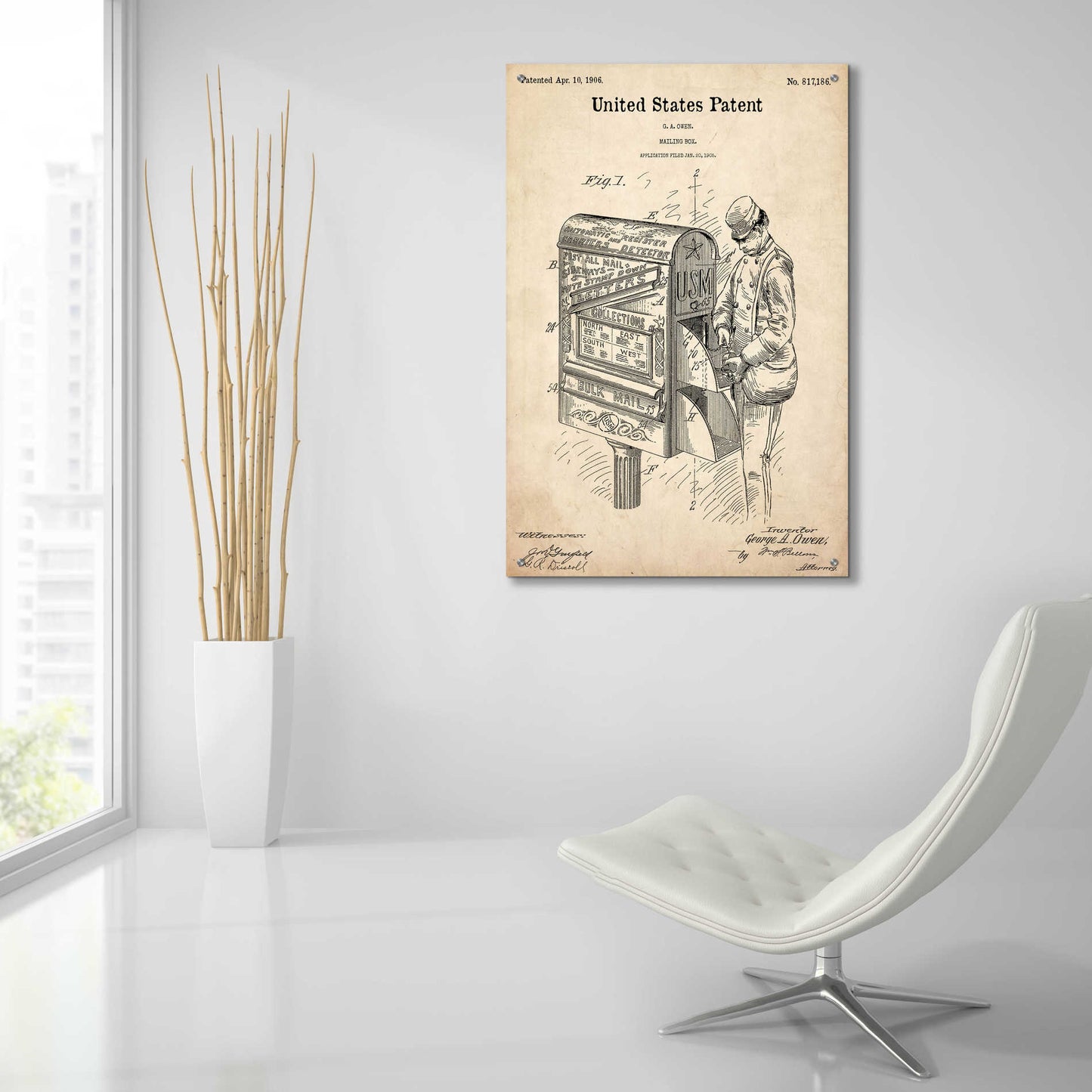 Epic Art 'Mailbox Blueprint Patent Parchment,' Acrylic Glass Wall Art,24x36