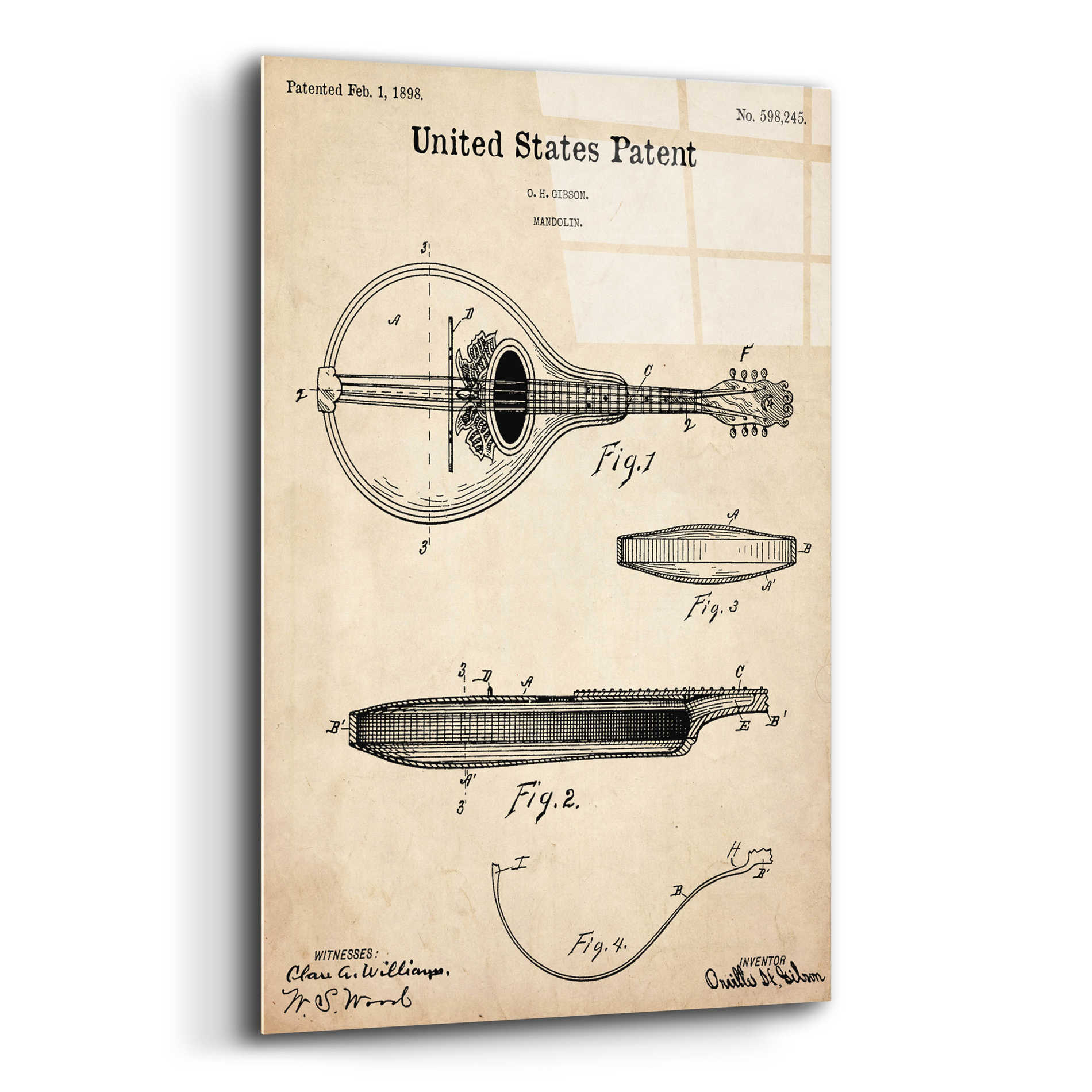 Epic Art 'Mandolin Blueprint Patent Parchment,' Acrylic Glass Wall Art,16x24