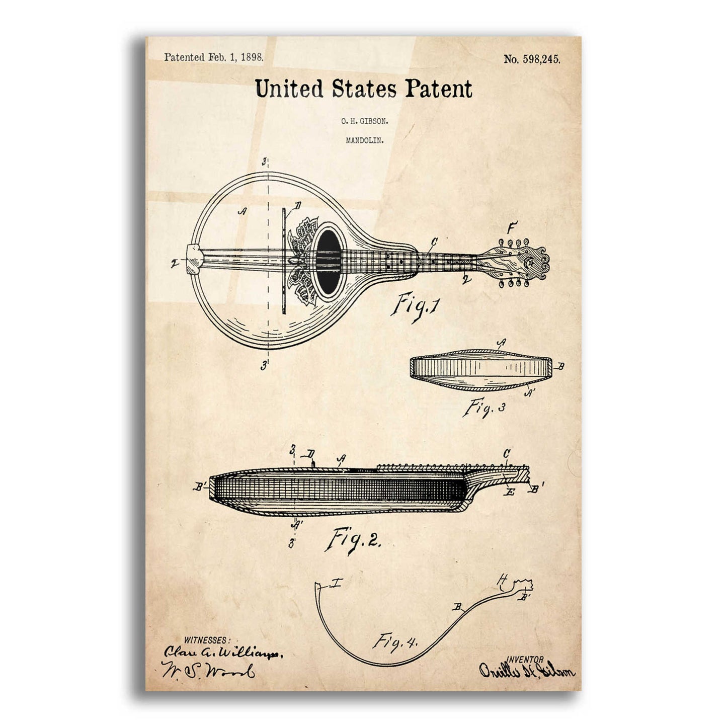 Epic Art 'Mandolin Blueprint Patent Parchment,' Acrylic Glass Wall Art,16x24