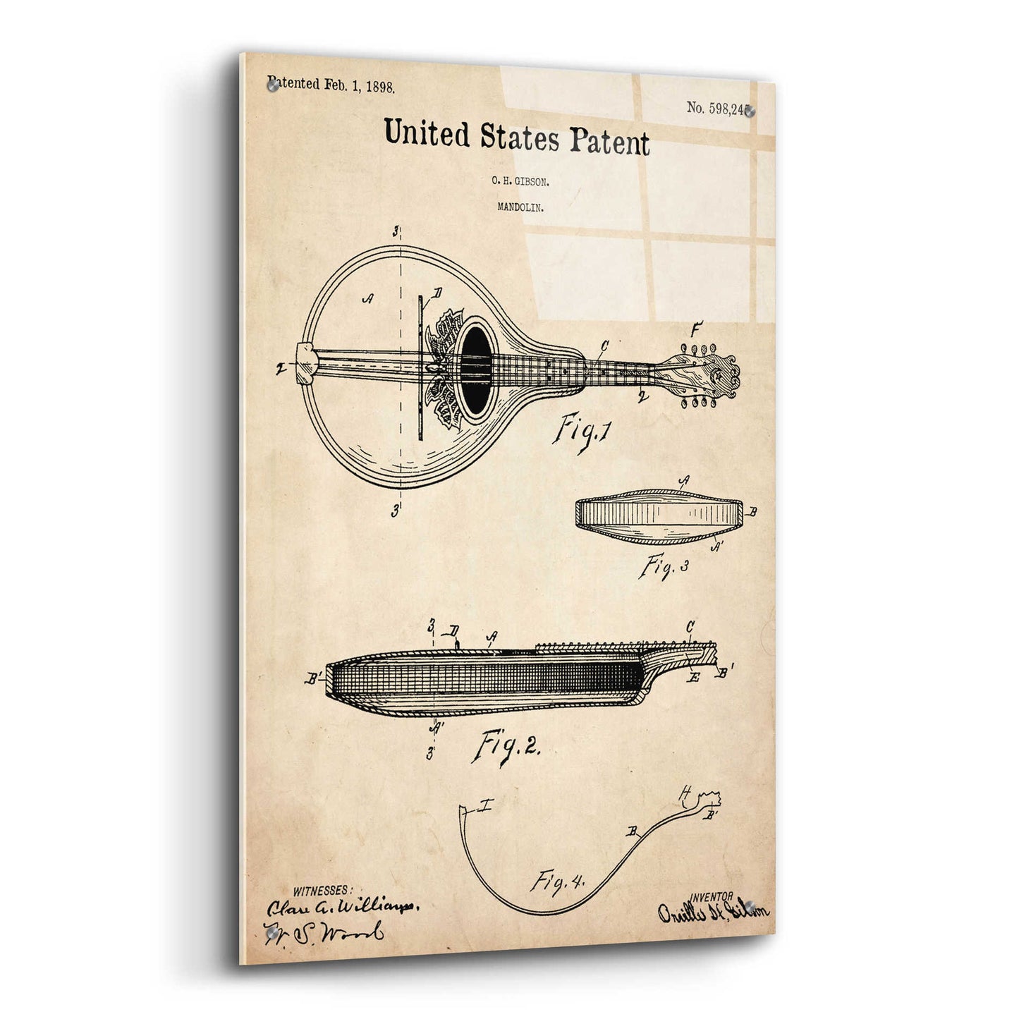 Epic Art 'Mandolin Blueprint Patent Parchment,' Acrylic Glass Wall Art,24x36