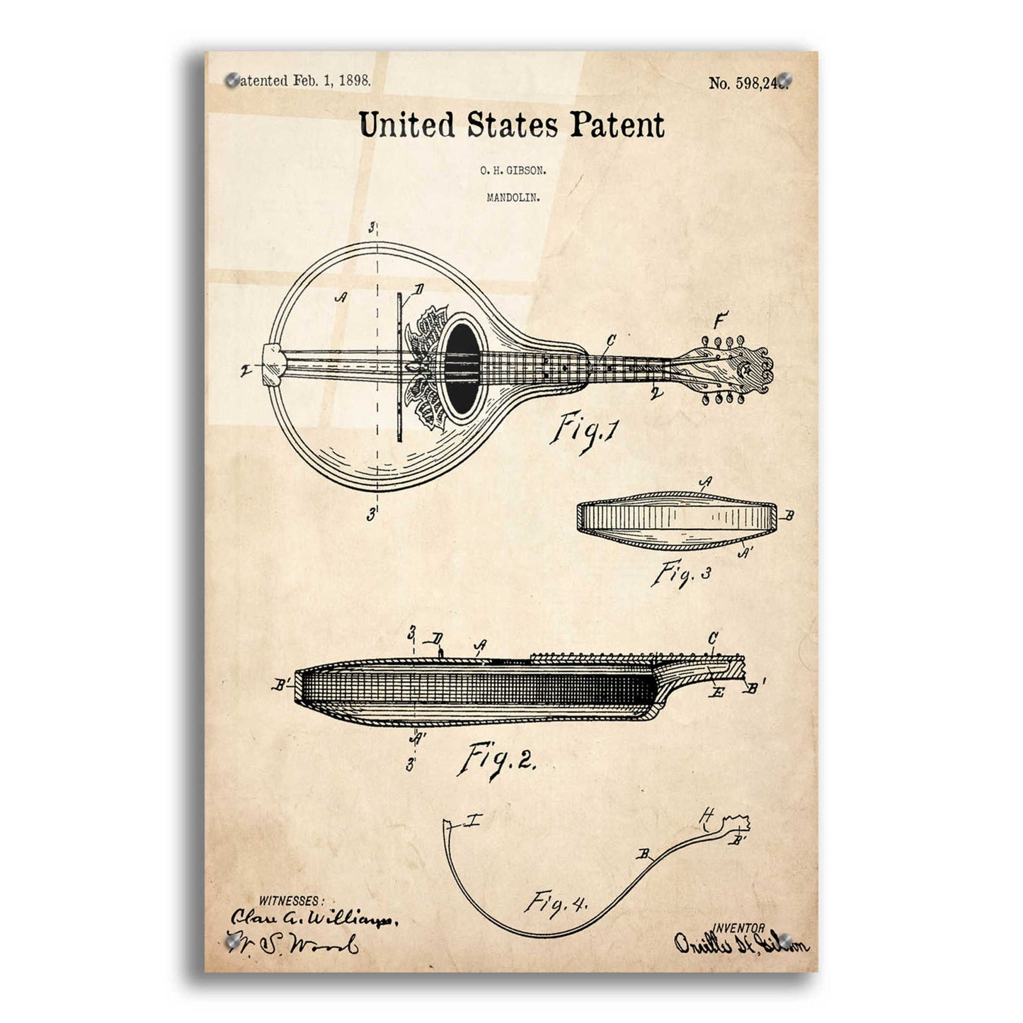 Epic Art 'Mandolin Blueprint Patent Parchment,' Acrylic Glass Wall Art,24x36