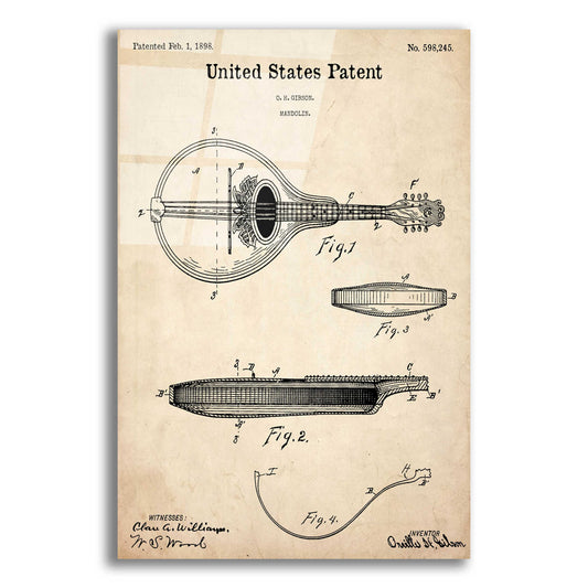 Epic Art 'Mandolin Blueprint Patent Parchment,' Acrylic Glass Wall Art,12x16x1.1x0,18x26x1.1x0,26x34x1.74x0,40x54x1.74x0