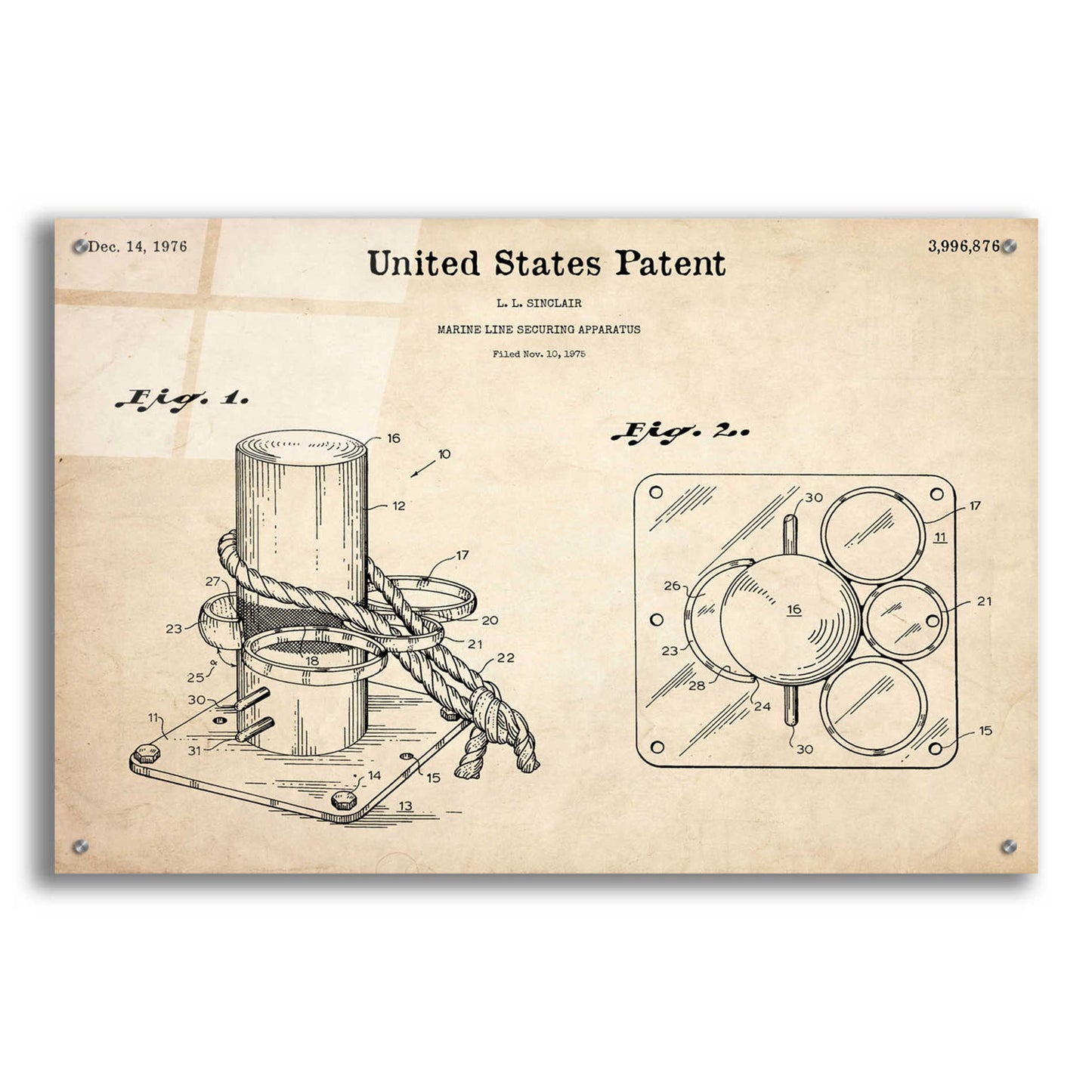 Epic Art 'Marine Line Secure Device Blueprint Patent Parchment,' Acrylic Glass Wall Art,36x24