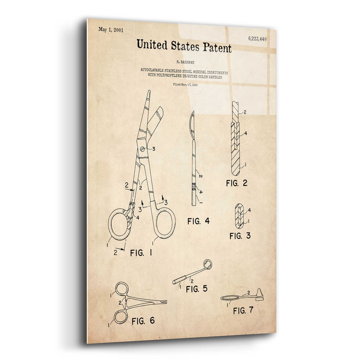 Epic Art 'Medical Instruments Blueprint Patent Parchment,' Acrylic Glass Wall Art,12x16