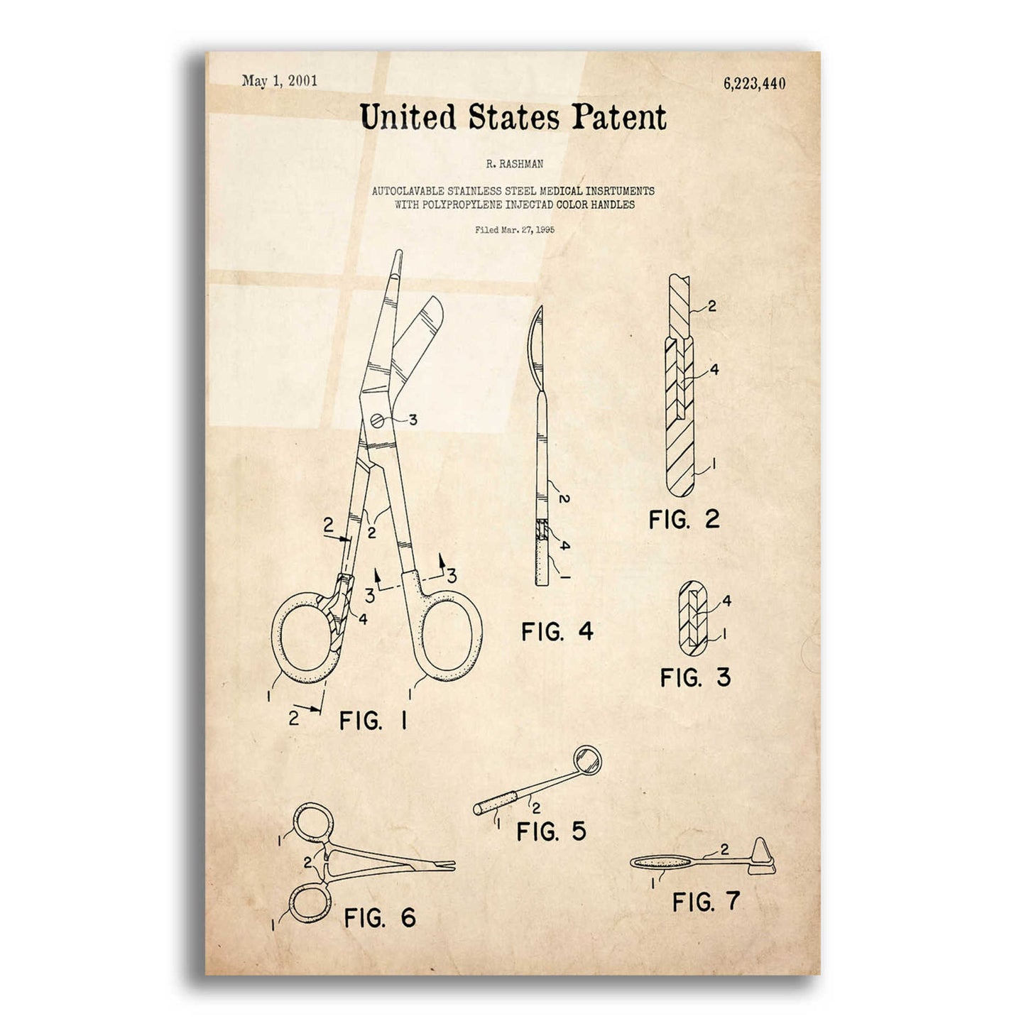 Epic Art 'Medical Instruments Blueprint Patent Parchment,' Acrylic Glass Wall Art,12x16