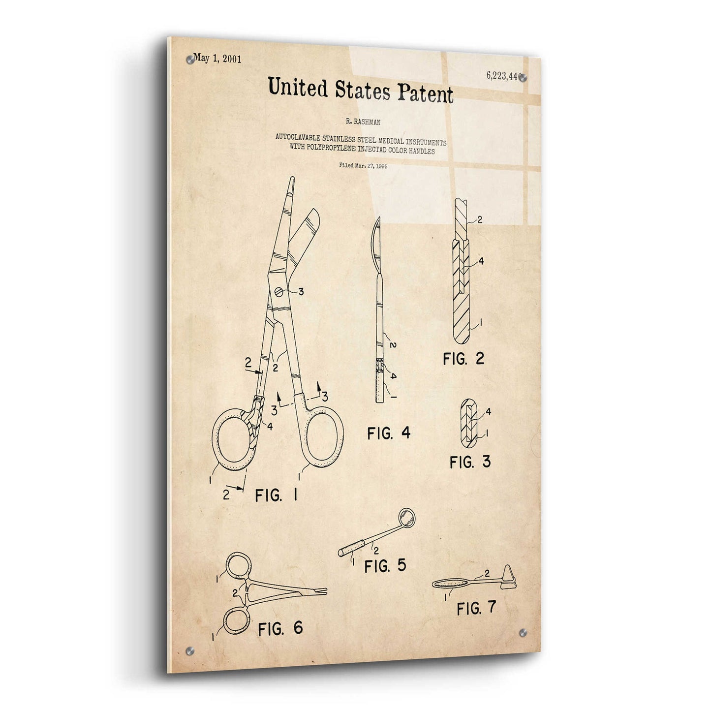 Epic Art 'Medical Instruments Blueprint Patent Parchment,' Acrylic Glass Wall Art,24x36