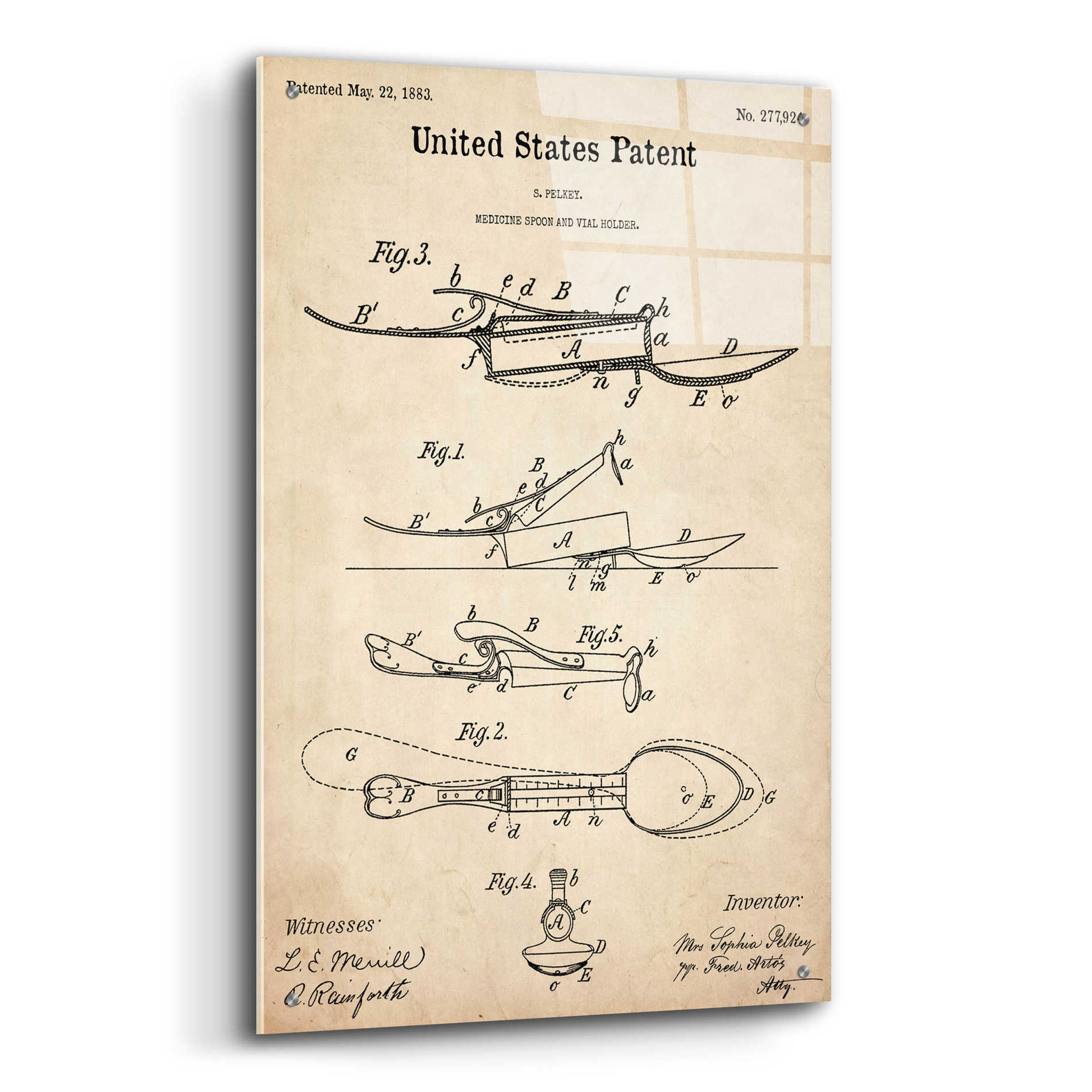 Epic Art 'Medicine Spoon Blueprint Patent Parchment,' Acrylic Glass Wall Art,24x36