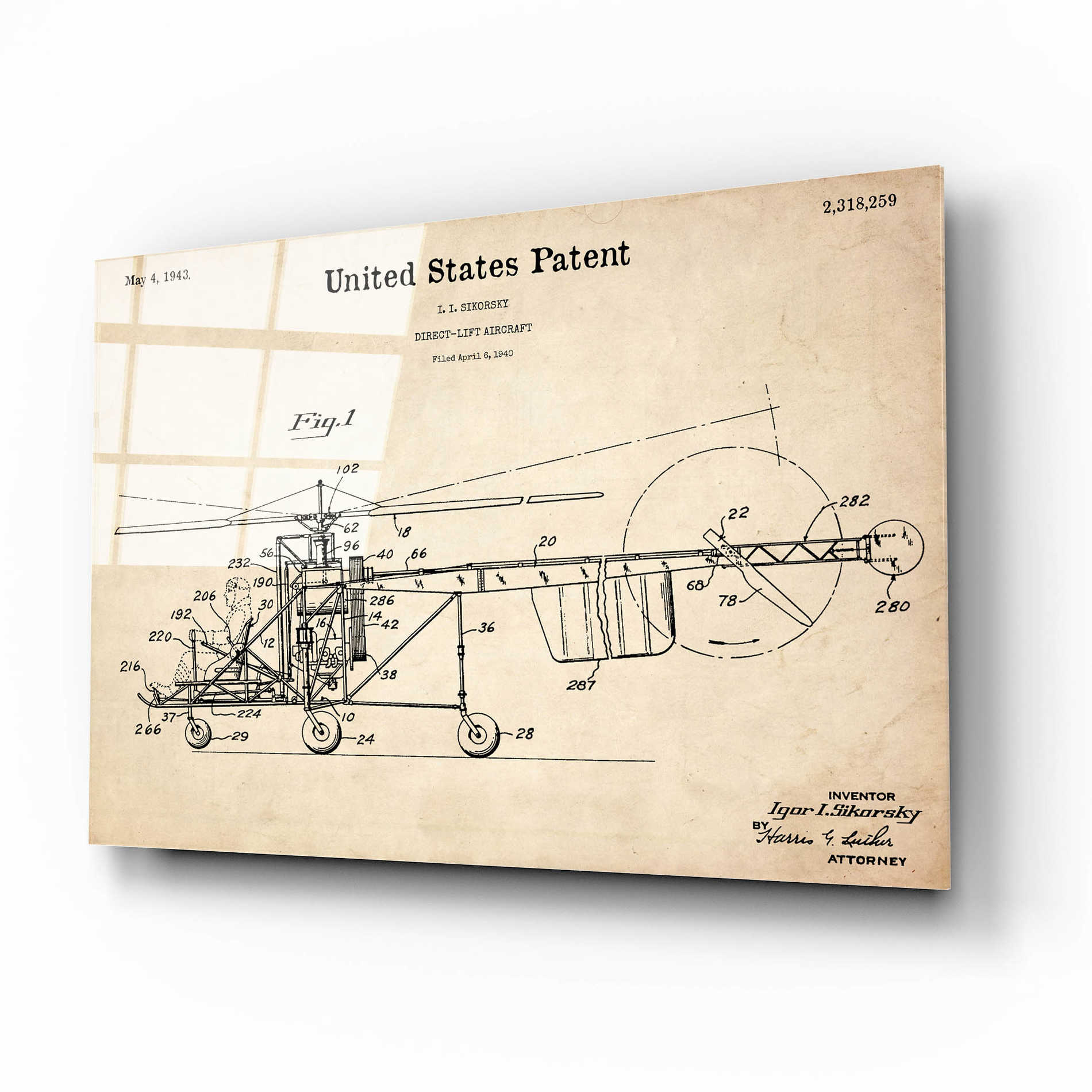 Epic Art 'Direct-Lift Aircraft Blueprint Patent Parchment,' Acrylic Glass Wall Art,16x12