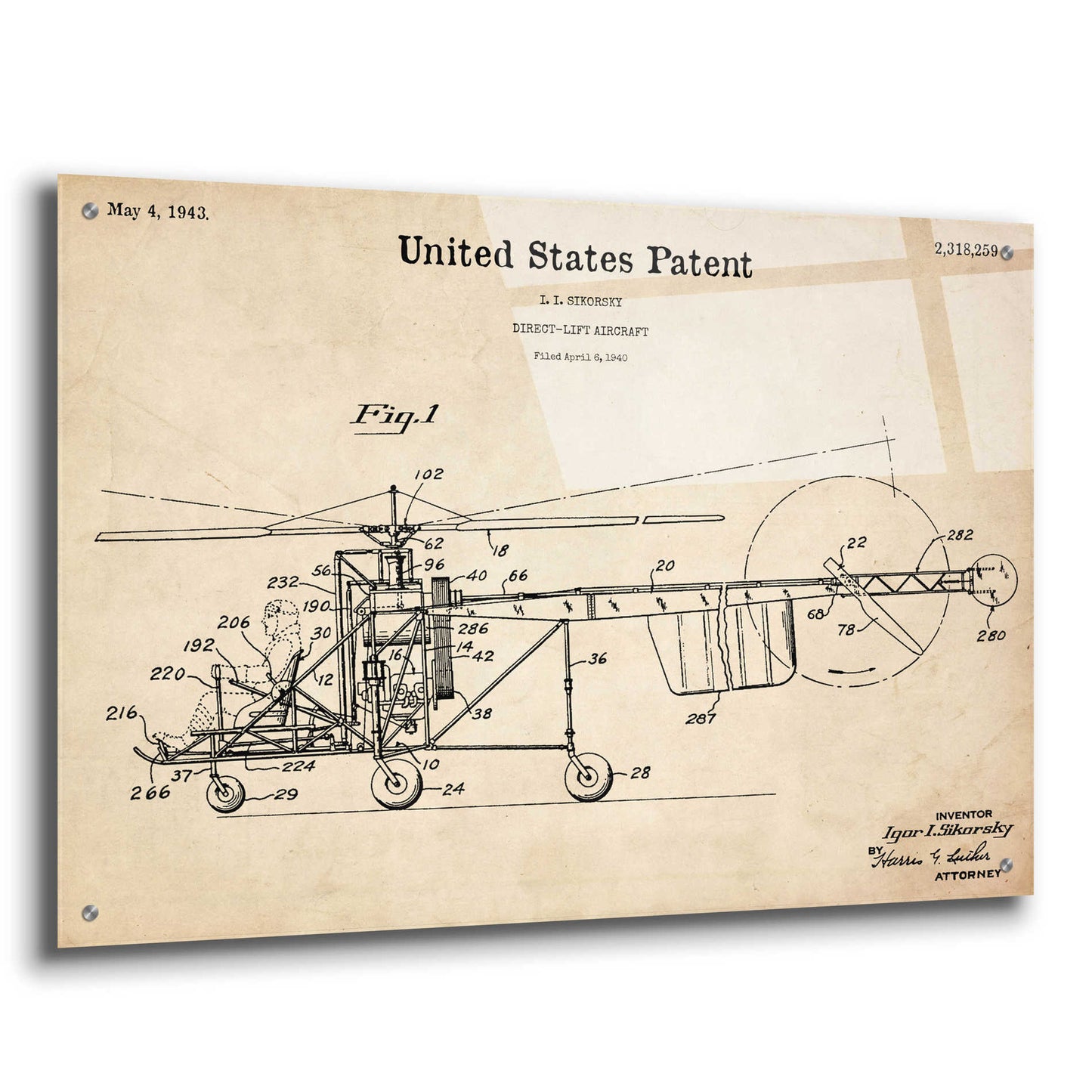 Epic Art 'Direct-Lift Aircraft Blueprint Patent Parchment,' Acrylic Glass Wall Art,36x24