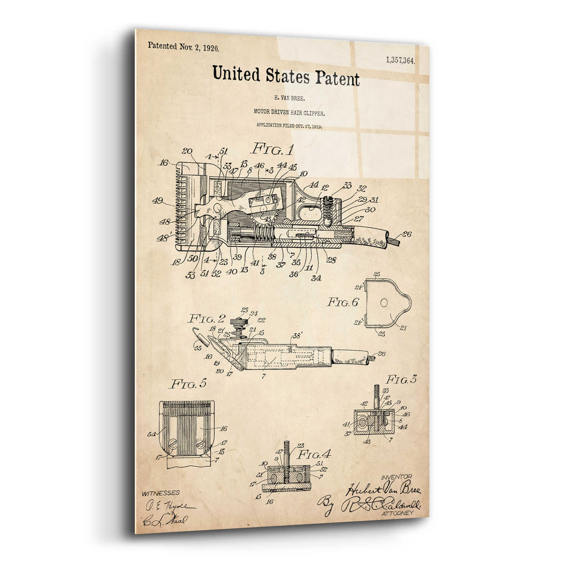 Epic Art 'Motor Hair Clipper Blueprint Patent Parchment,' Acrylic Glass Wall Art,12x16